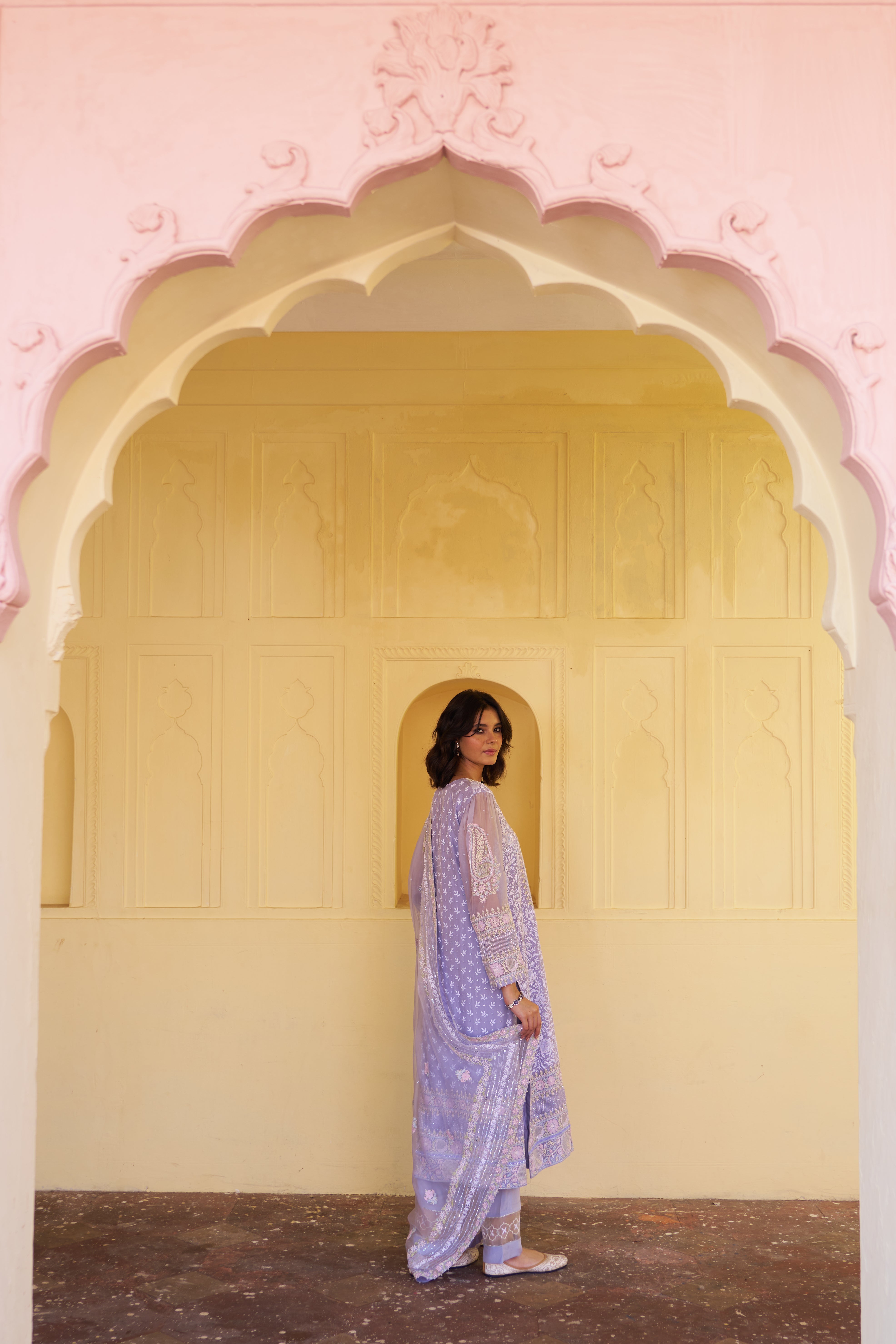 Mitali from House of Misu in our Periwinkle Premium Organza Chikankari Kurta Set