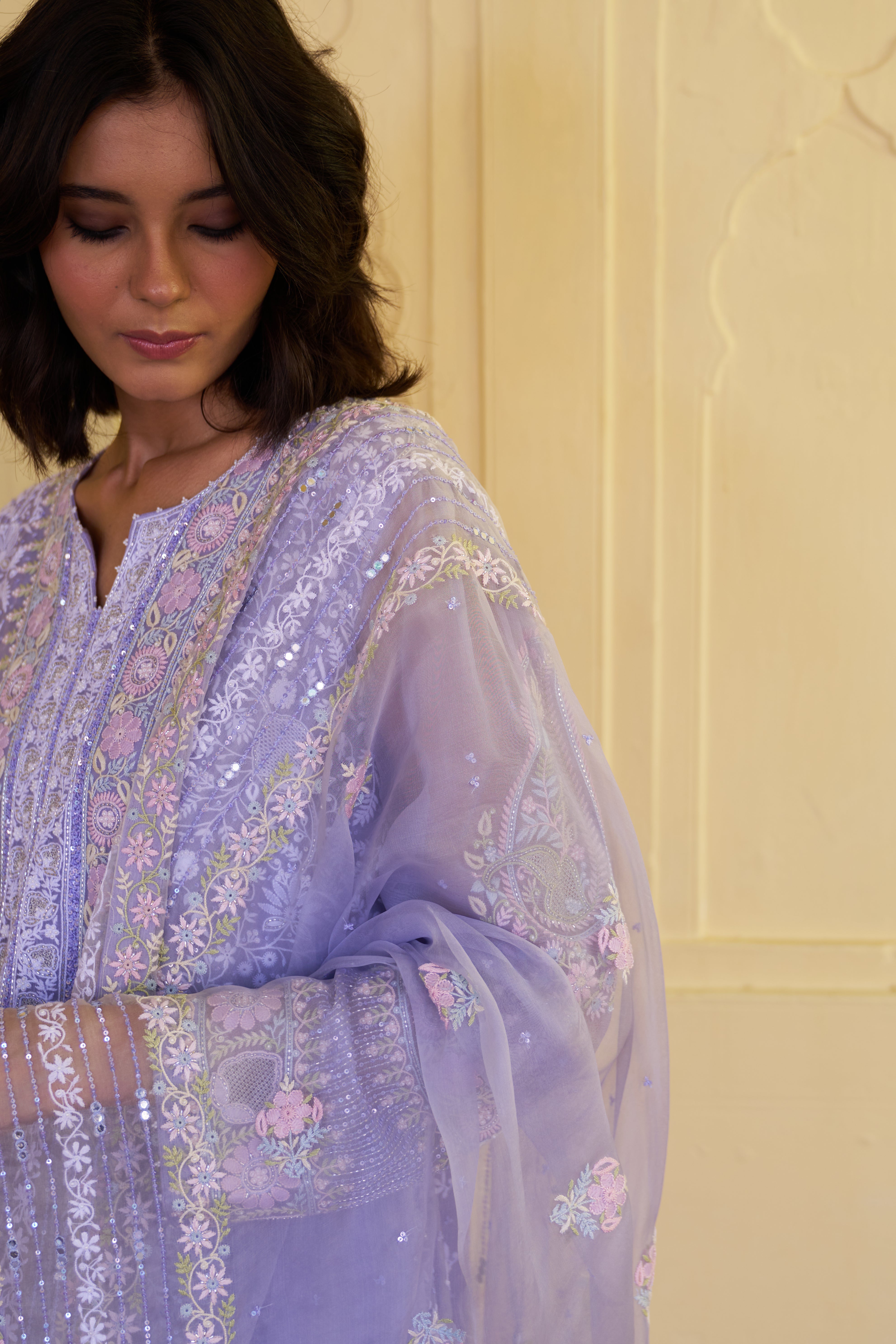 Mitali from House of Misu in our Periwinkle Premium Organza Chikankari Kurta Set