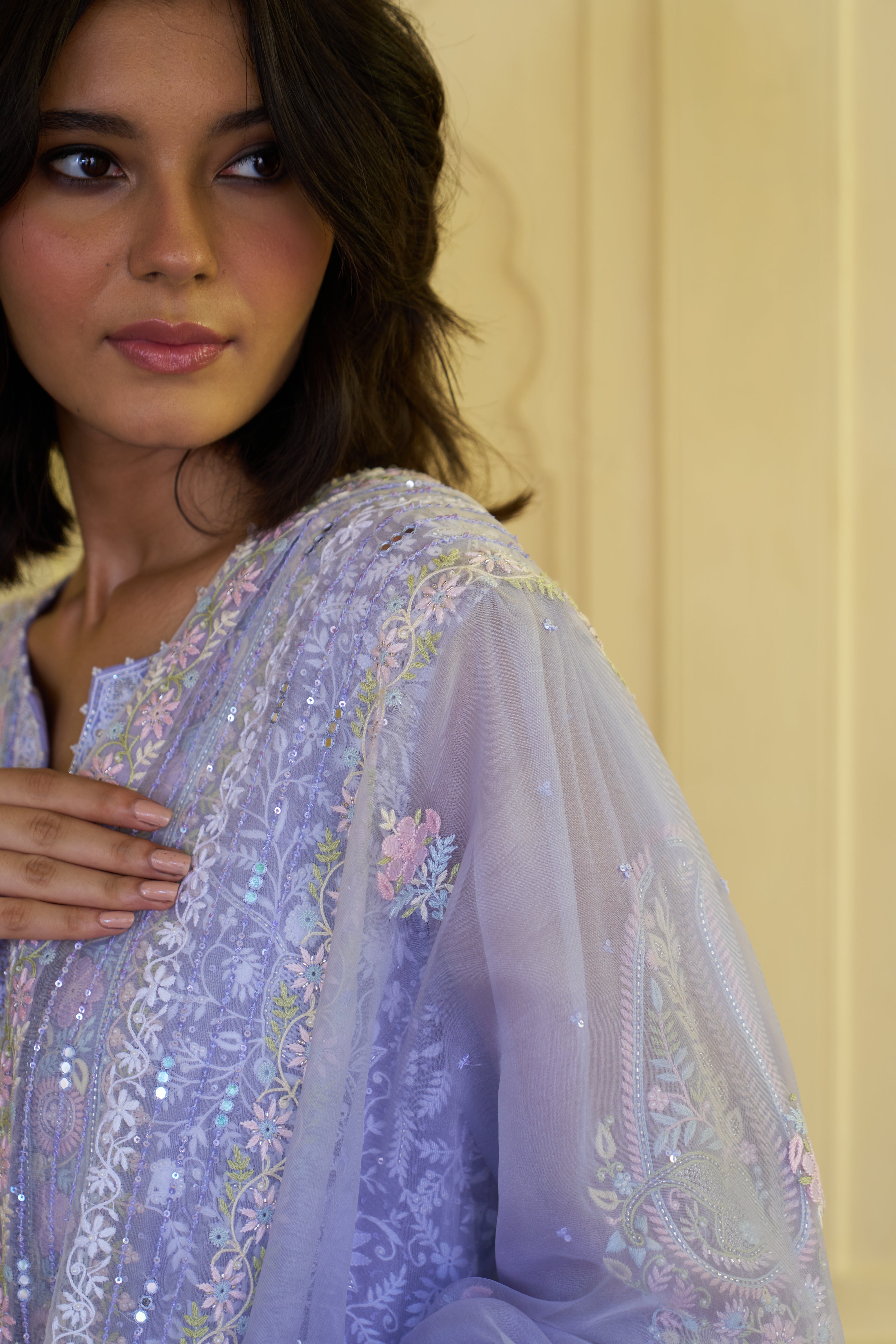 Mitali from House of Misu in our Periwinkle Premium Organza Chikankari Kurta Set