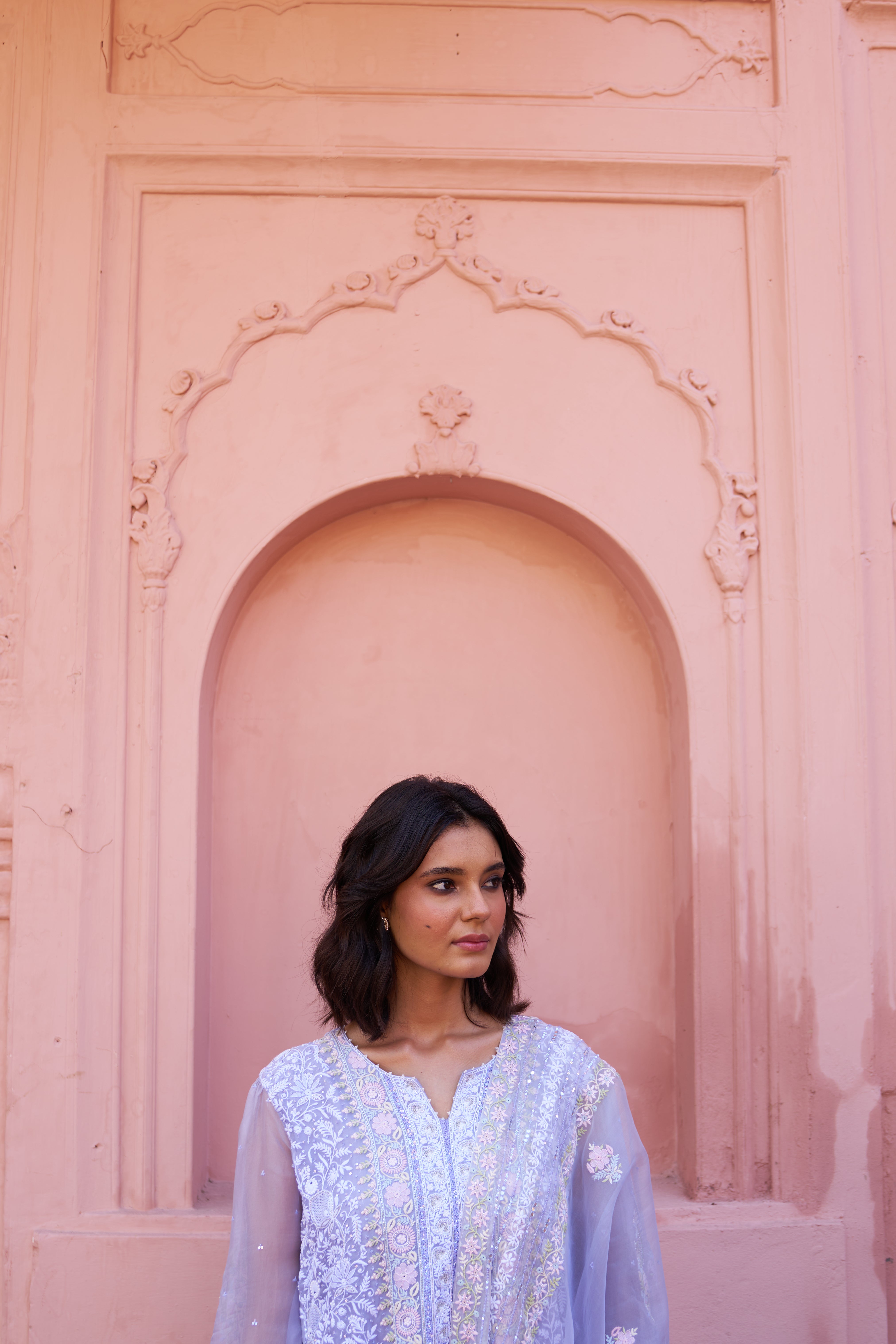 Mitali from House of Misu in our Periwinkle Premium Organza Chikankari Kurta Set
