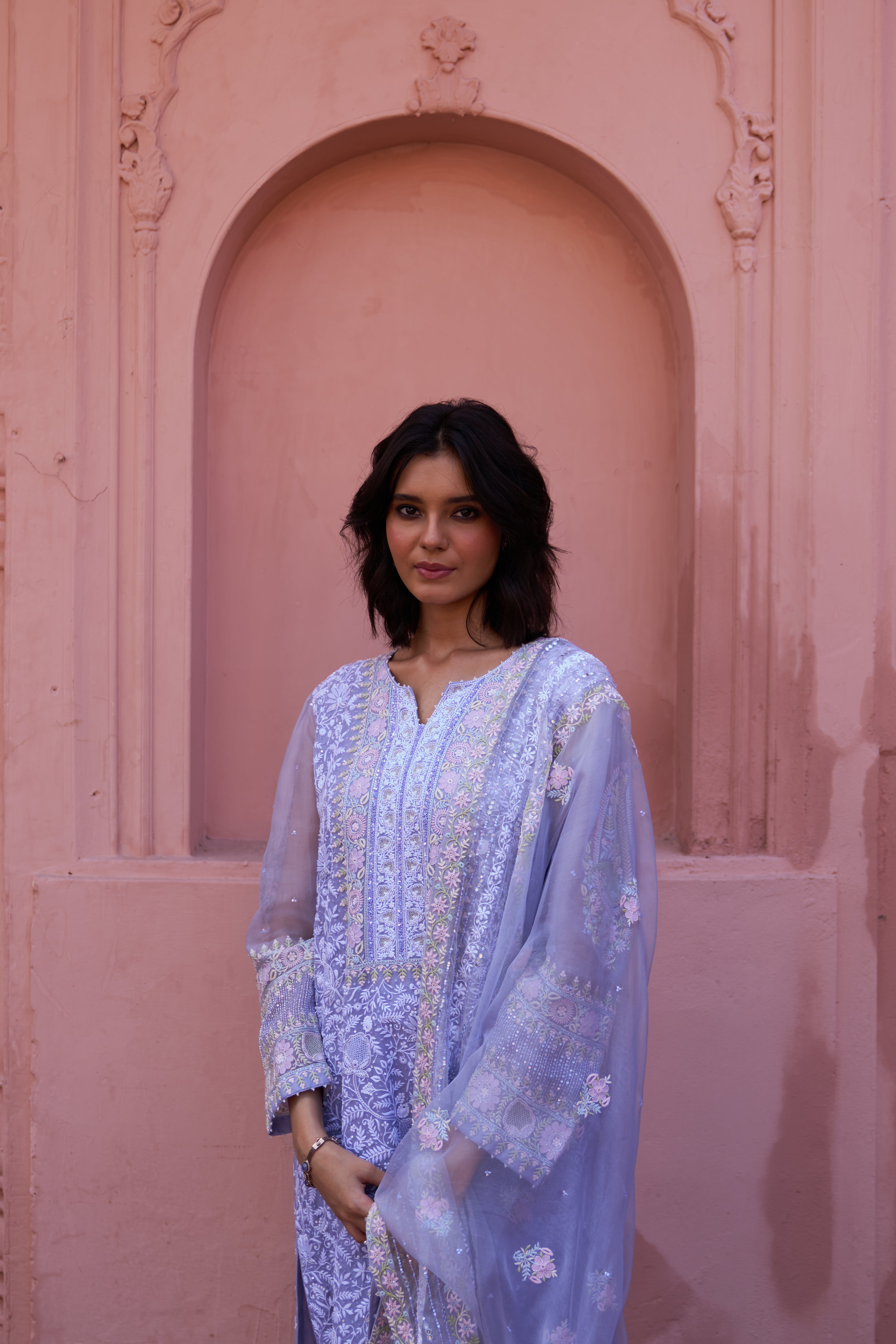 Mitali from House of Misu in our Periwinkle Premium Organza Chikankari Kurta Set