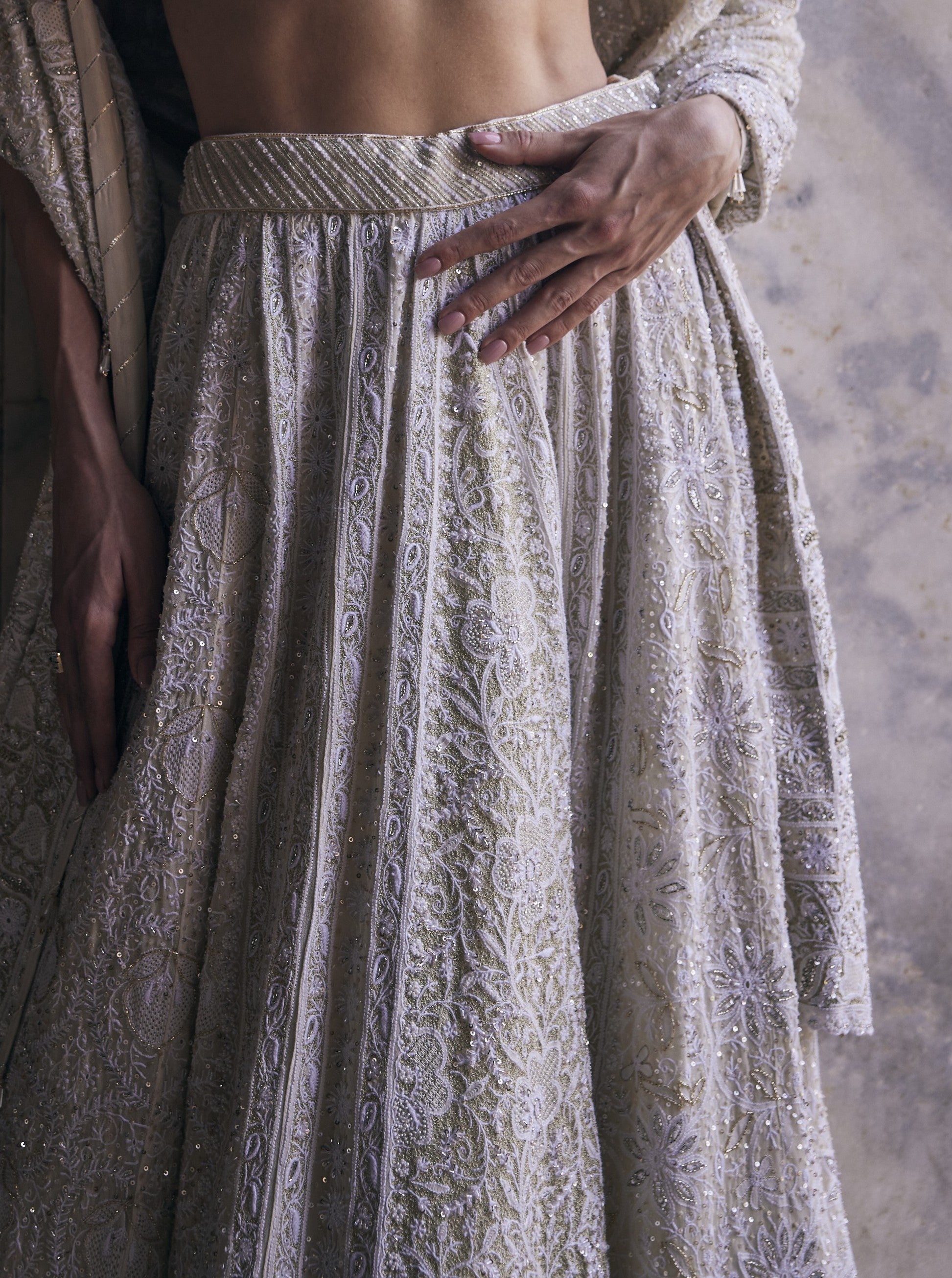 Inayat Lehenga Set - Sage Green Georgette Chikankari Floral Lehenga Set