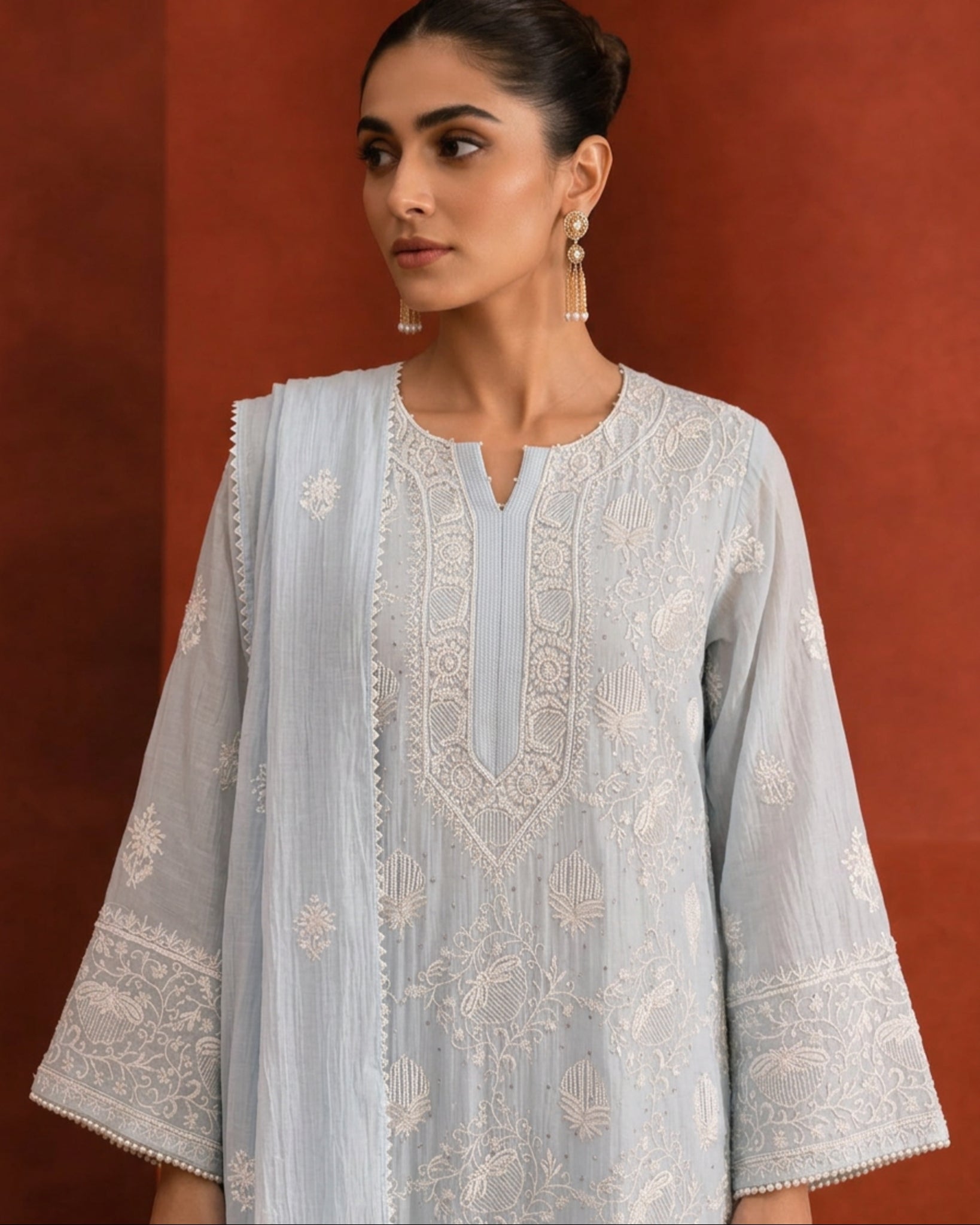 Sky Blue Mul Chanderi Chikankari Kurta Set