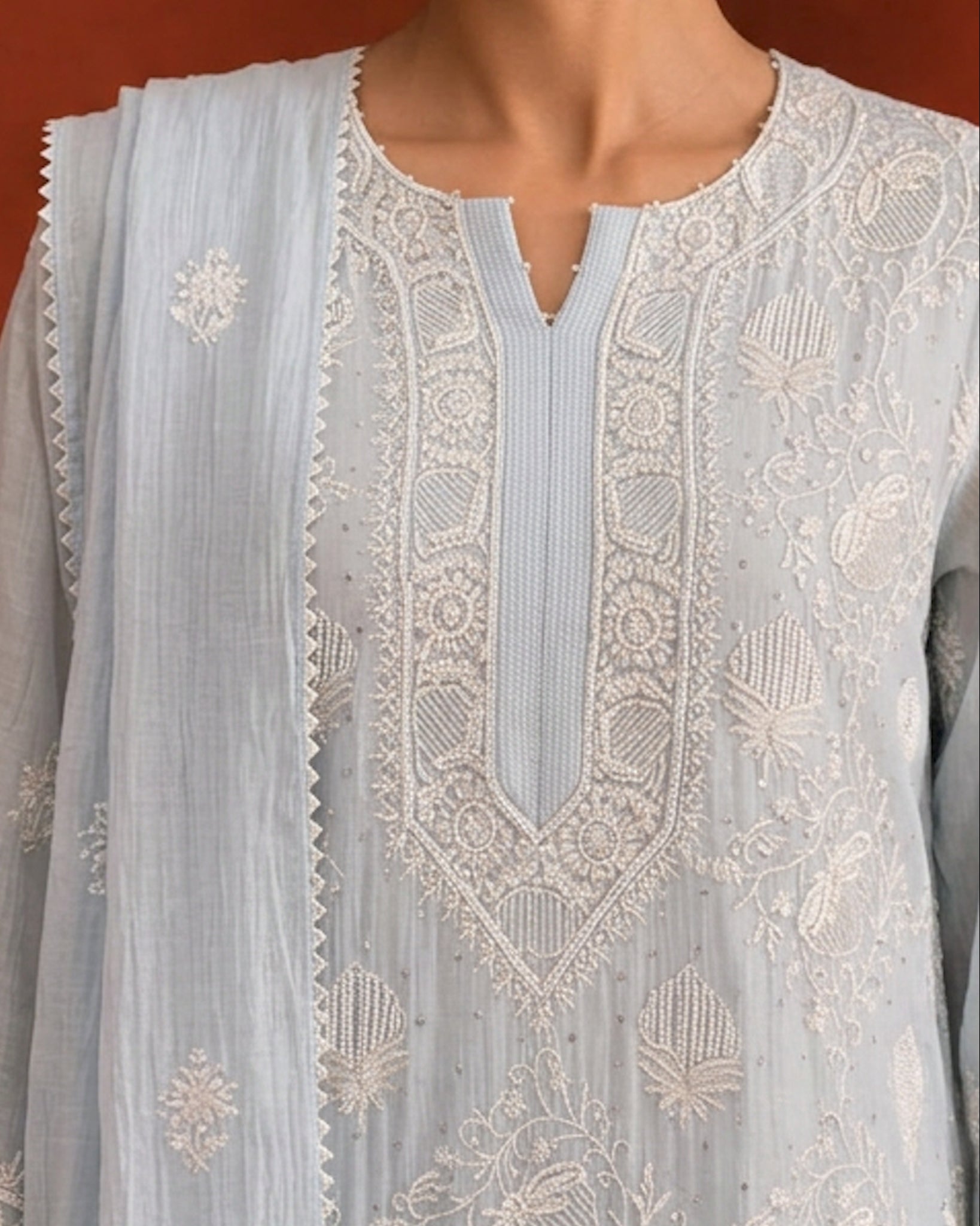 Sky Blue Mul Chanderi Chikankari Kurta Set