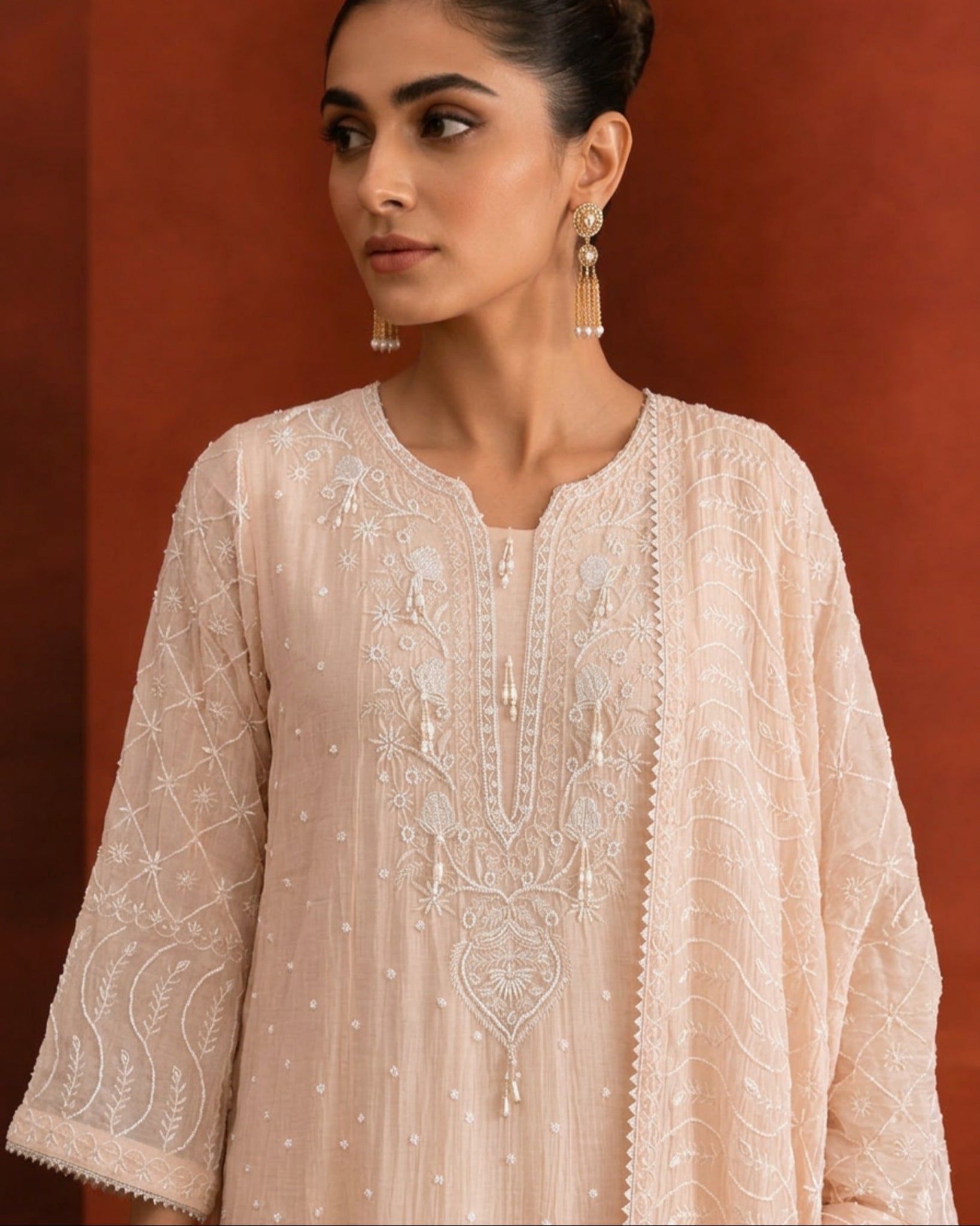 Peach Mul Chanderi Chikankari Anarkali Set