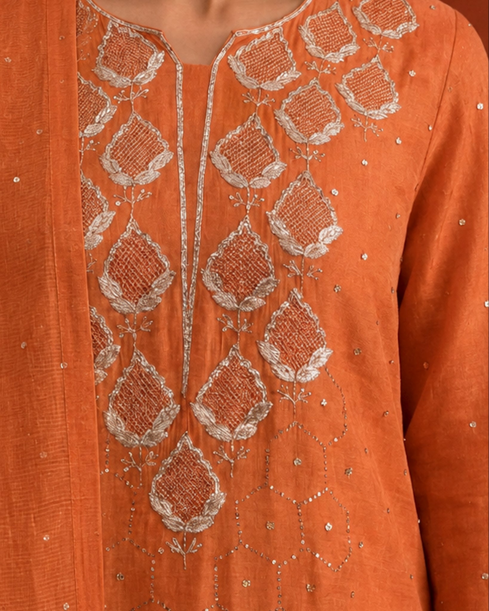 Burnt Orange Golden Tissue Mukaish and Kamdani Kurta Set