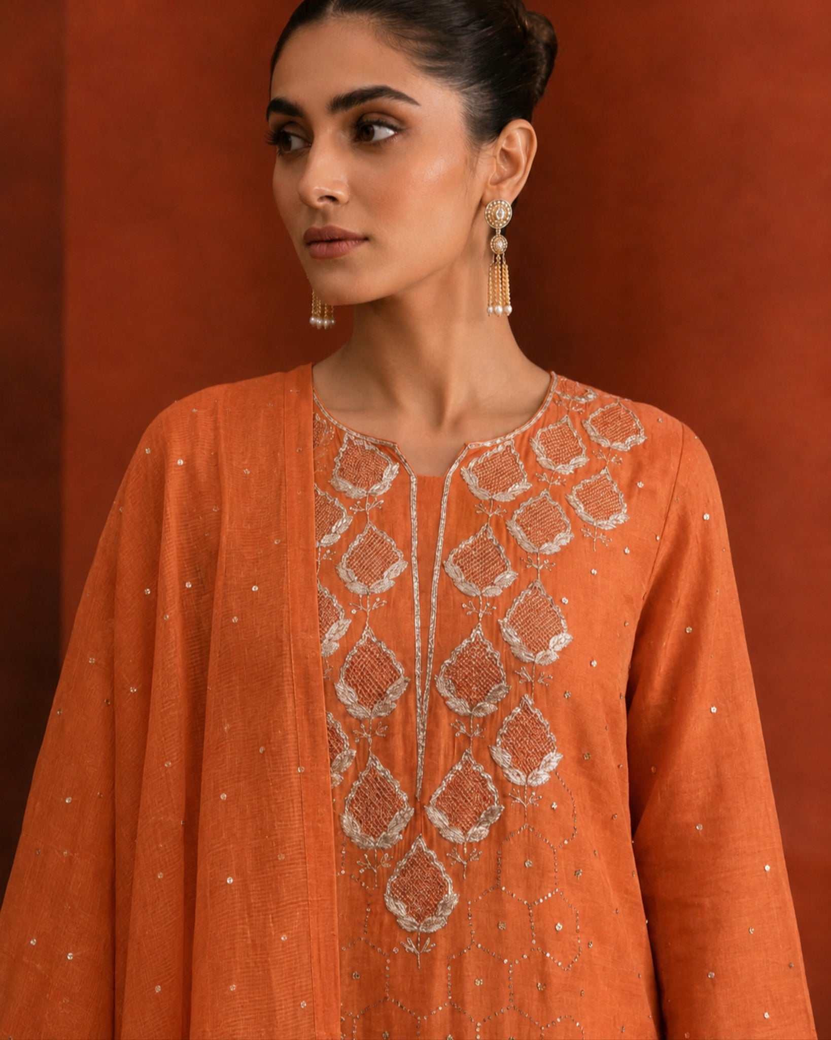 Burnt Orange Golden Tissue Mukaish and Kamdani Kurta Set