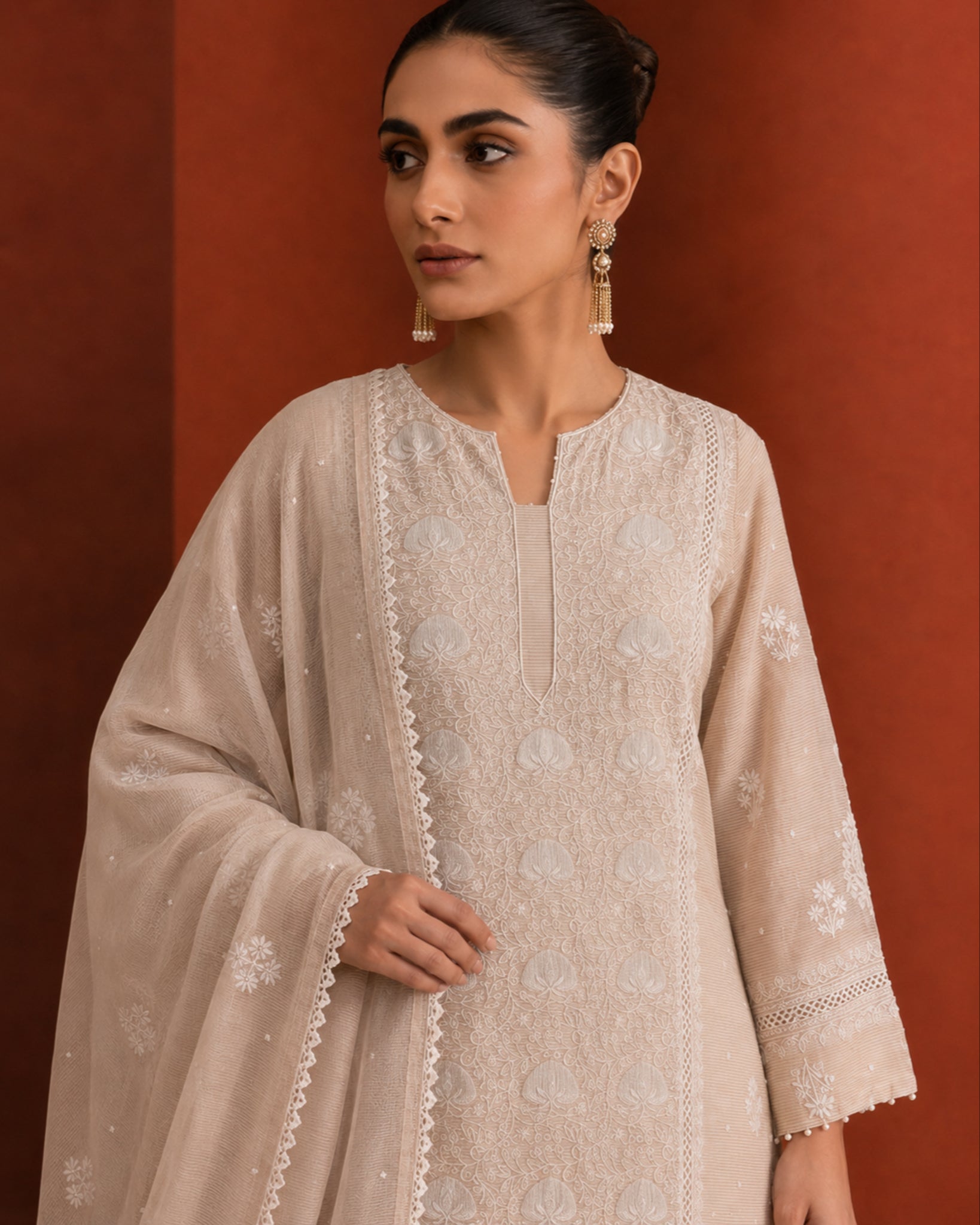 Beige Striped Tissue Kurta Set with Farsi Salwar