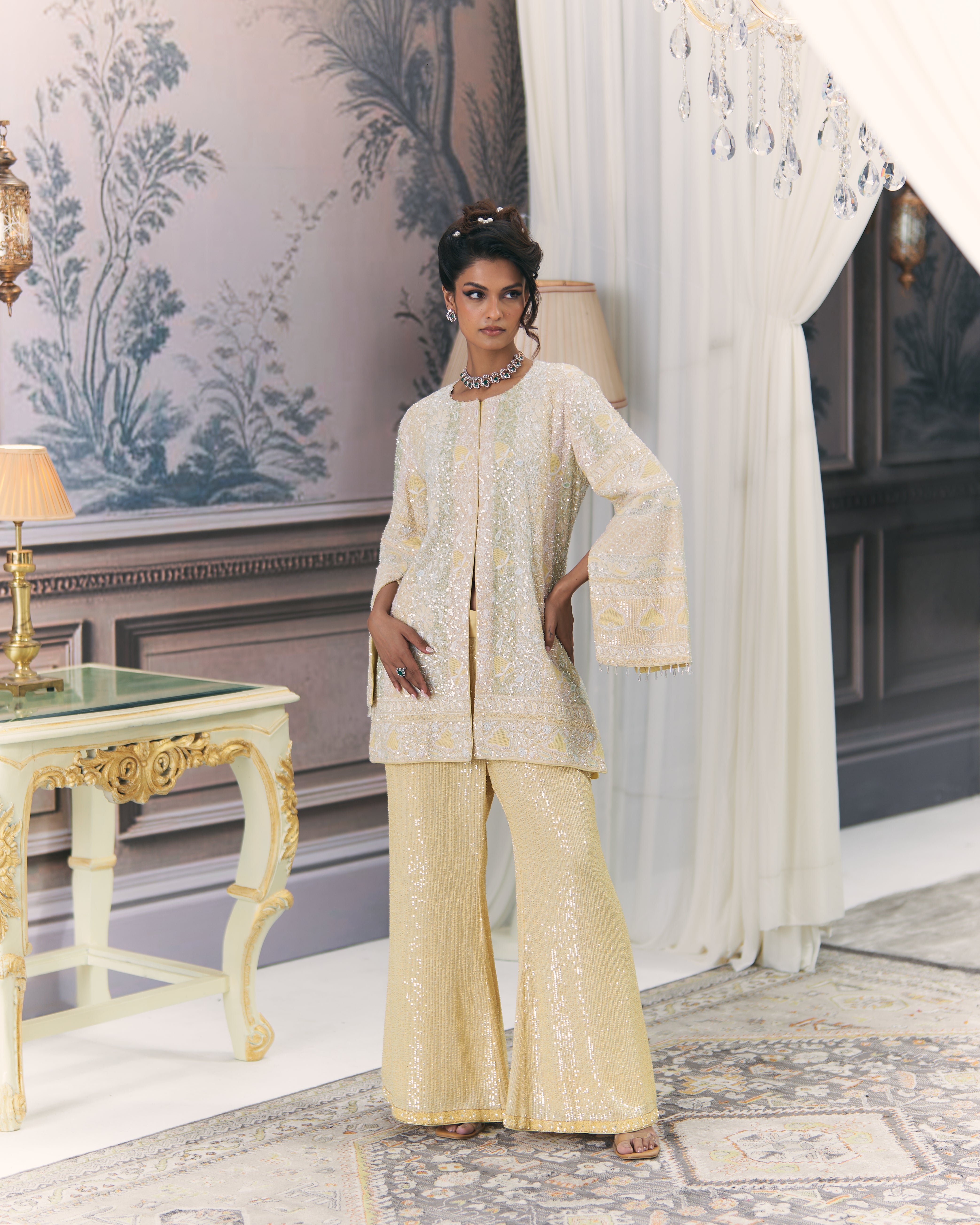 Yellow Contemporary Chikankari Gilet Co-ord sets