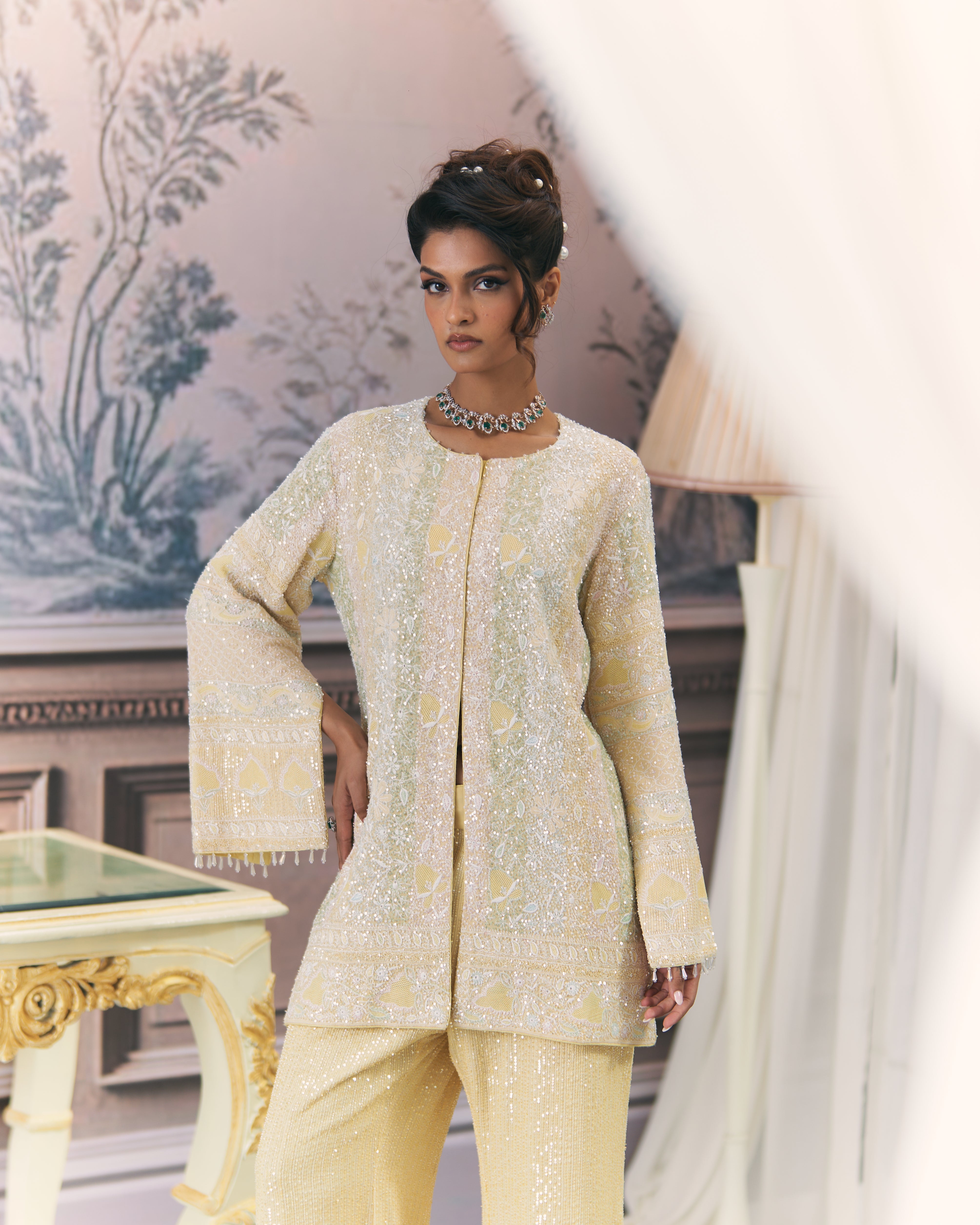 Yellow Contemporary Chikankari Gilet Co-ord sets