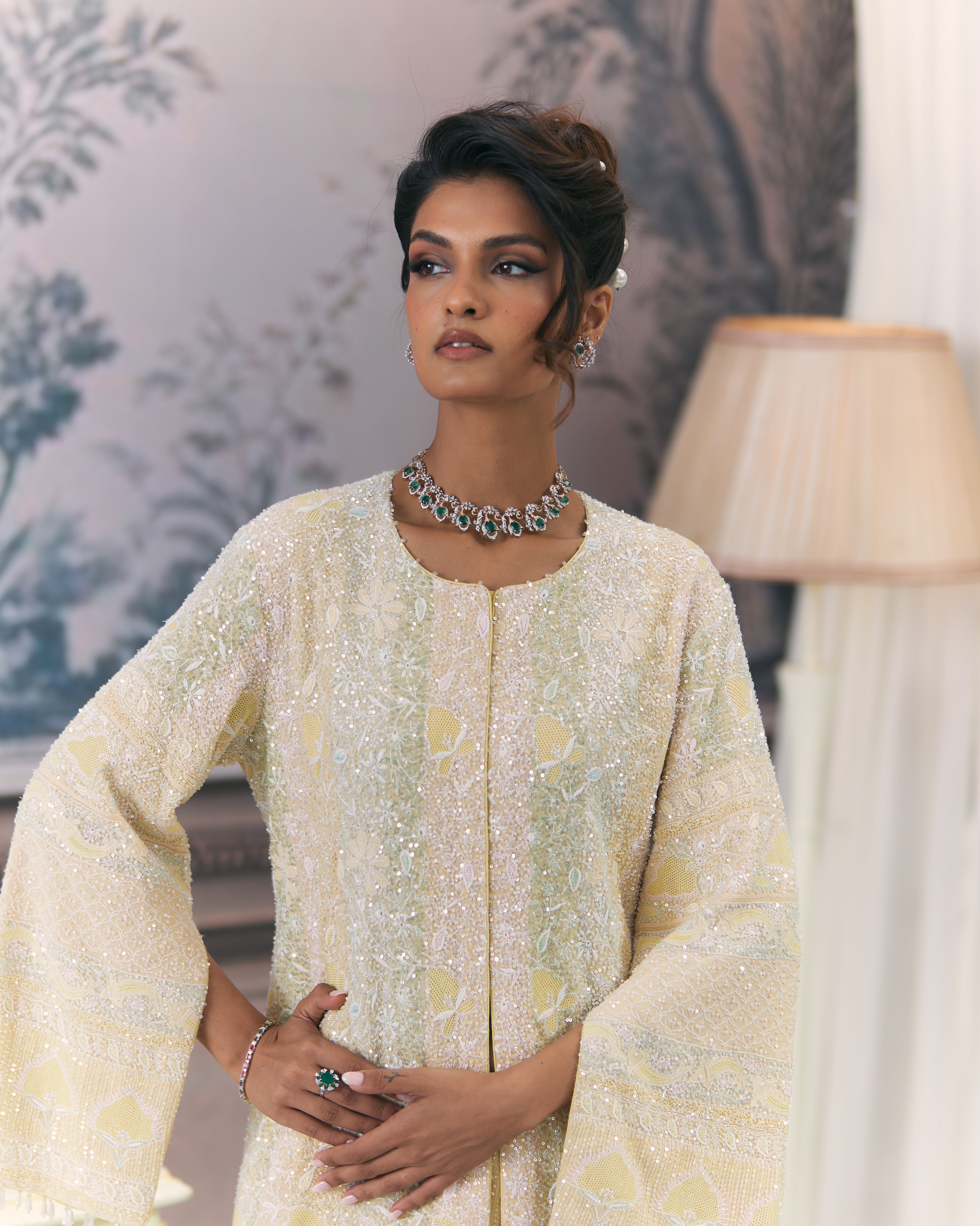 Yellow Contemporary Chikankari Gilet Co-ord sets