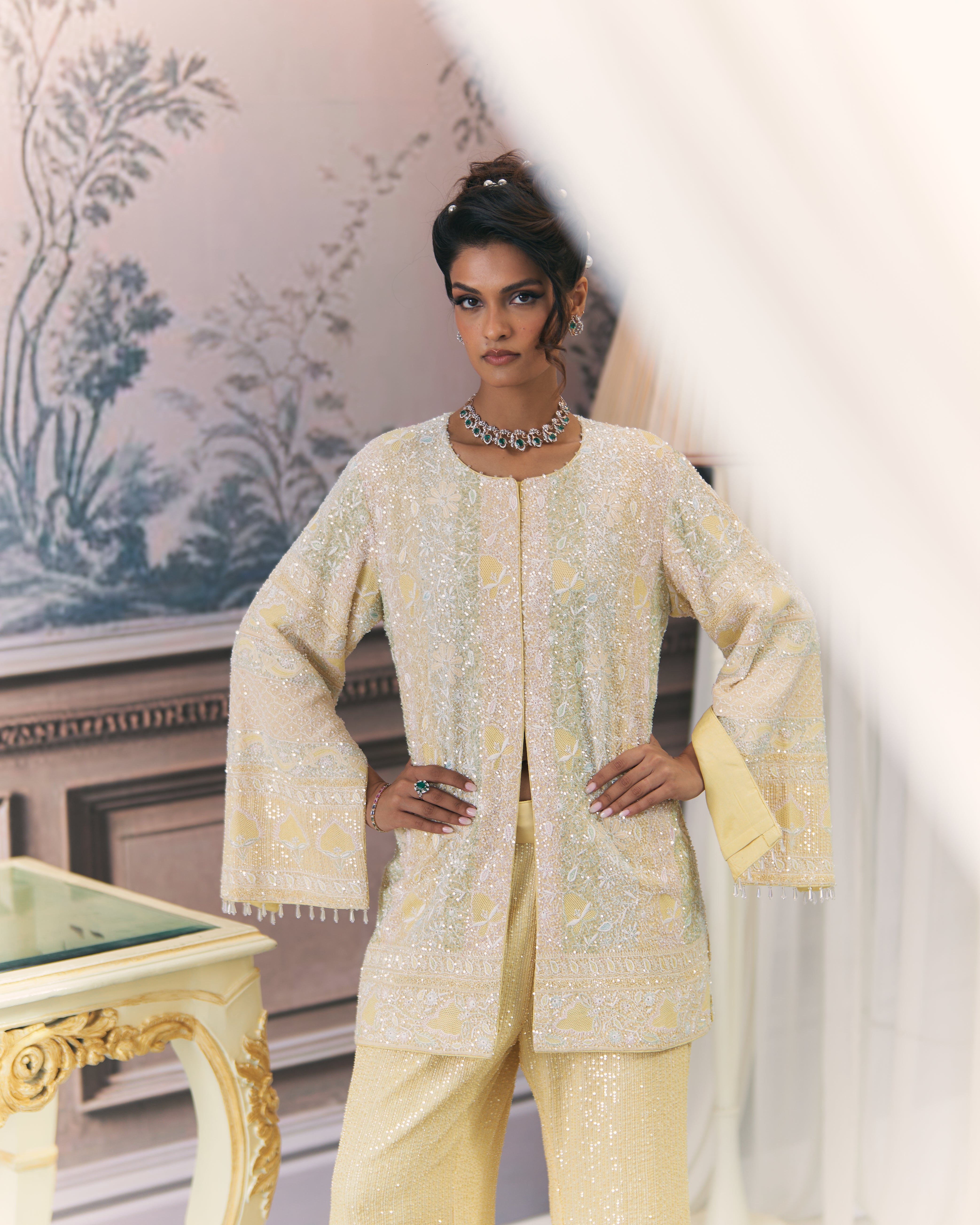 Yellow Contemporary Chikankari Gilet Co-ord sets
