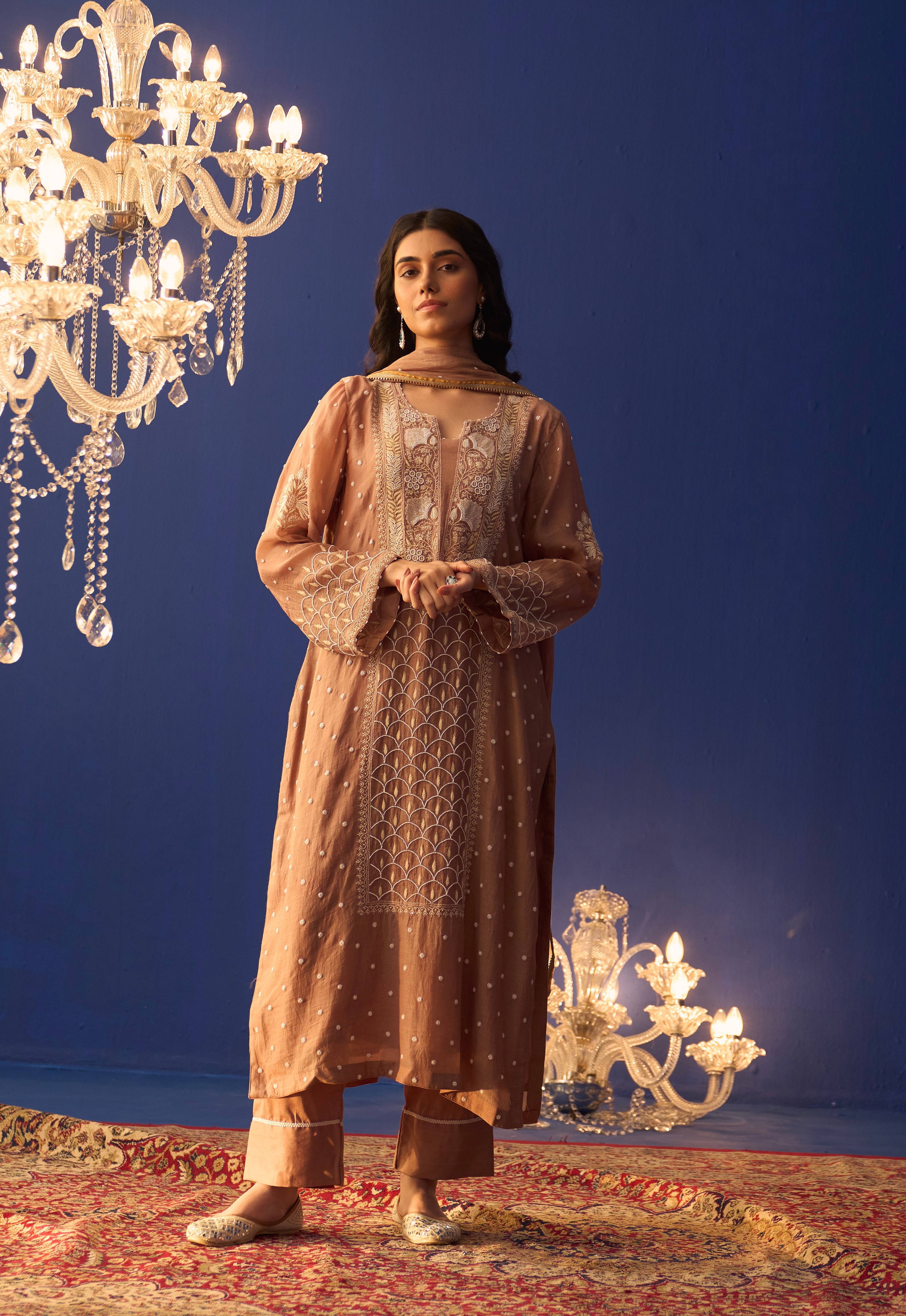 Brown Mul Chanderi Pakistani Panel Chikankari Kurta Set