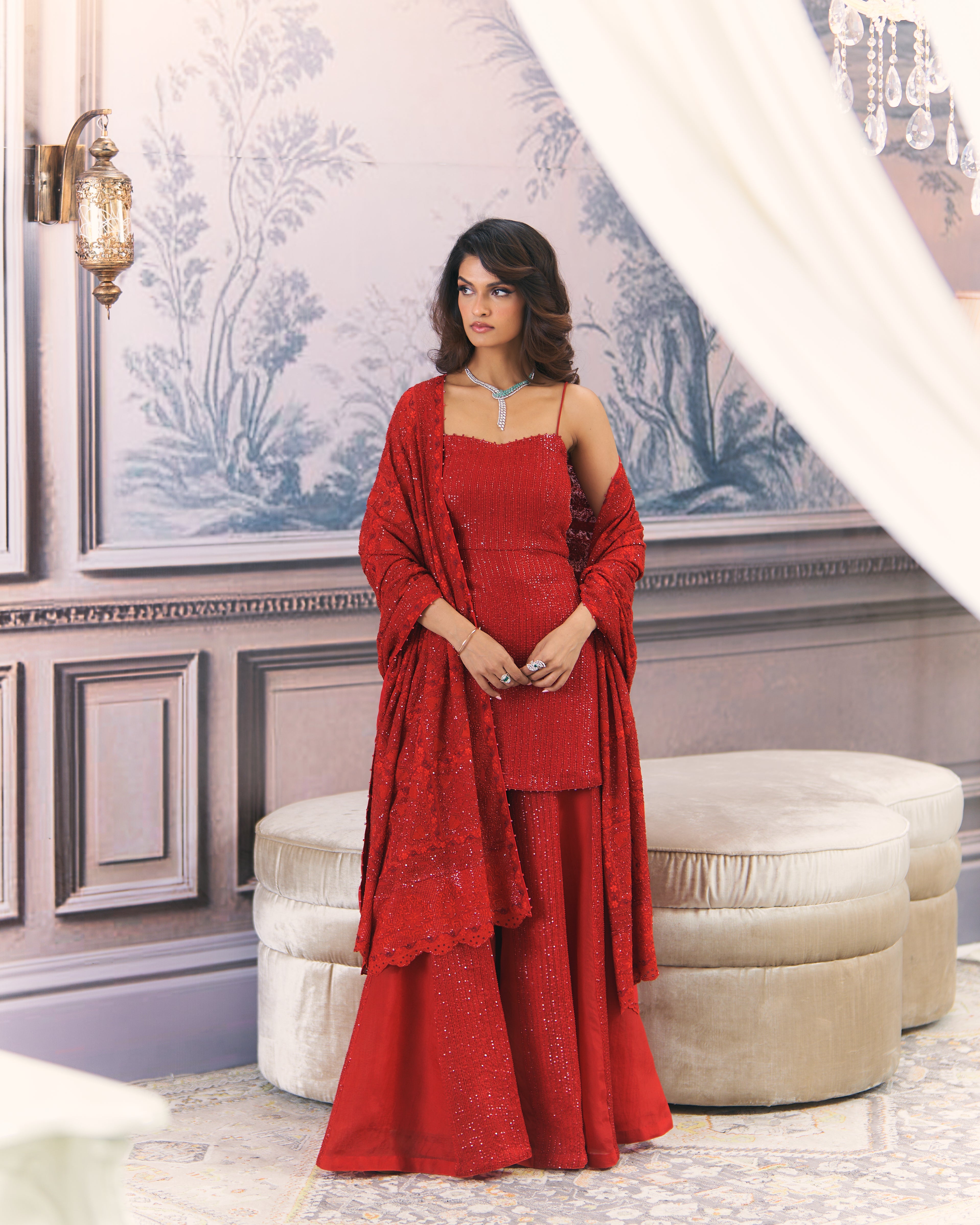 Crimson red sharara and statament heavy dupatta set