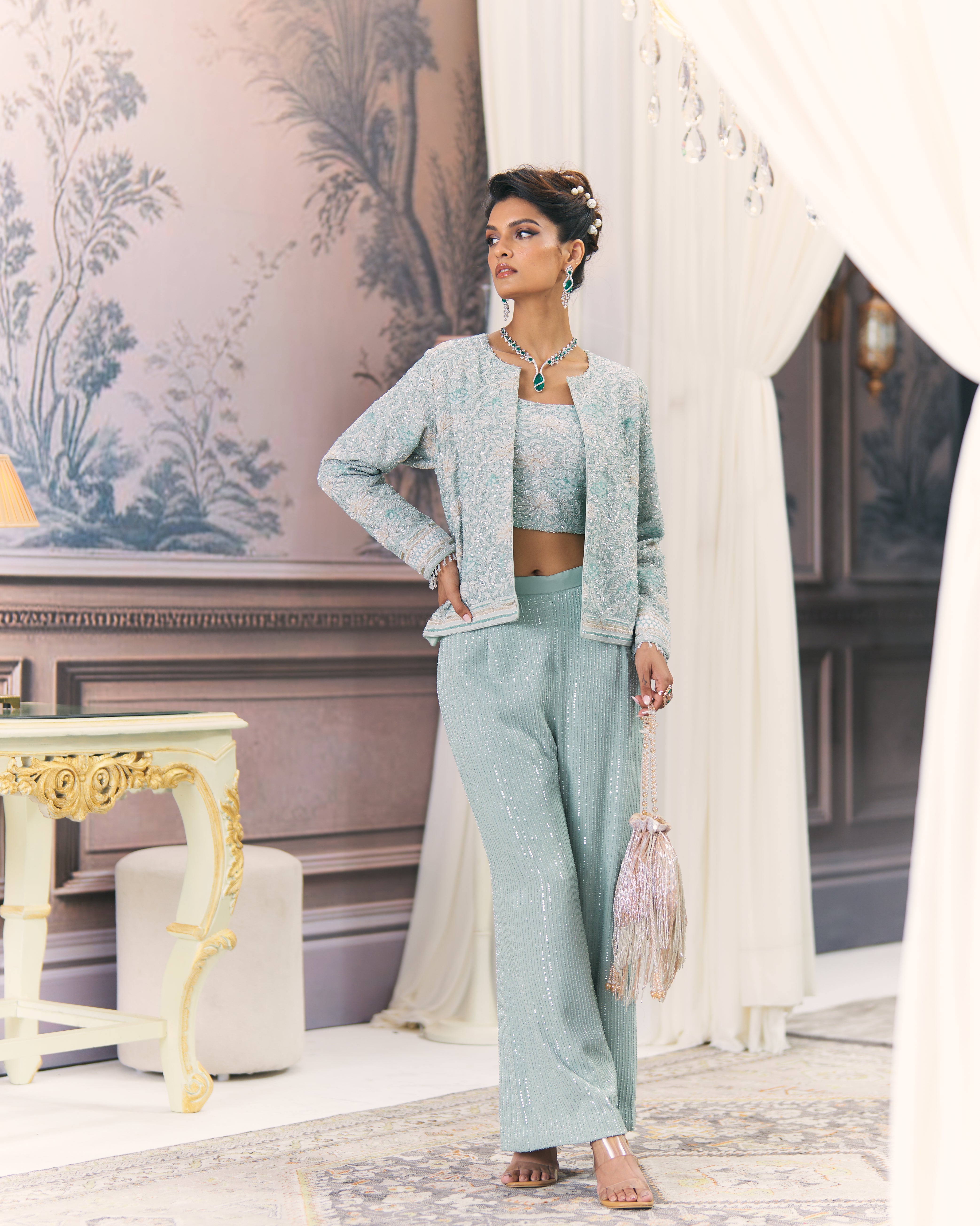Emerald Chikankari Gilet set with embroidered bustier