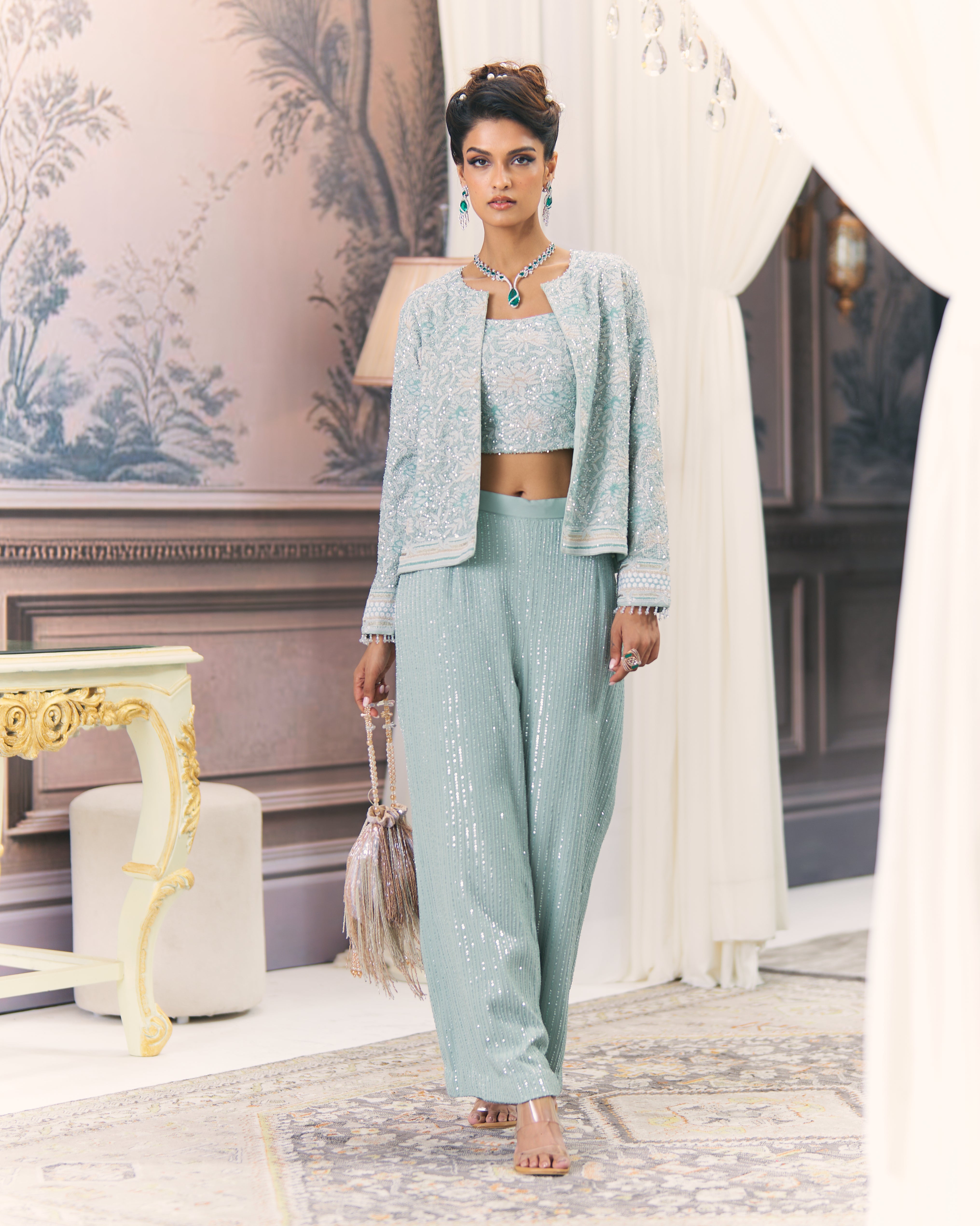 Emerald Chikankari Gilet set with embroidered bustier