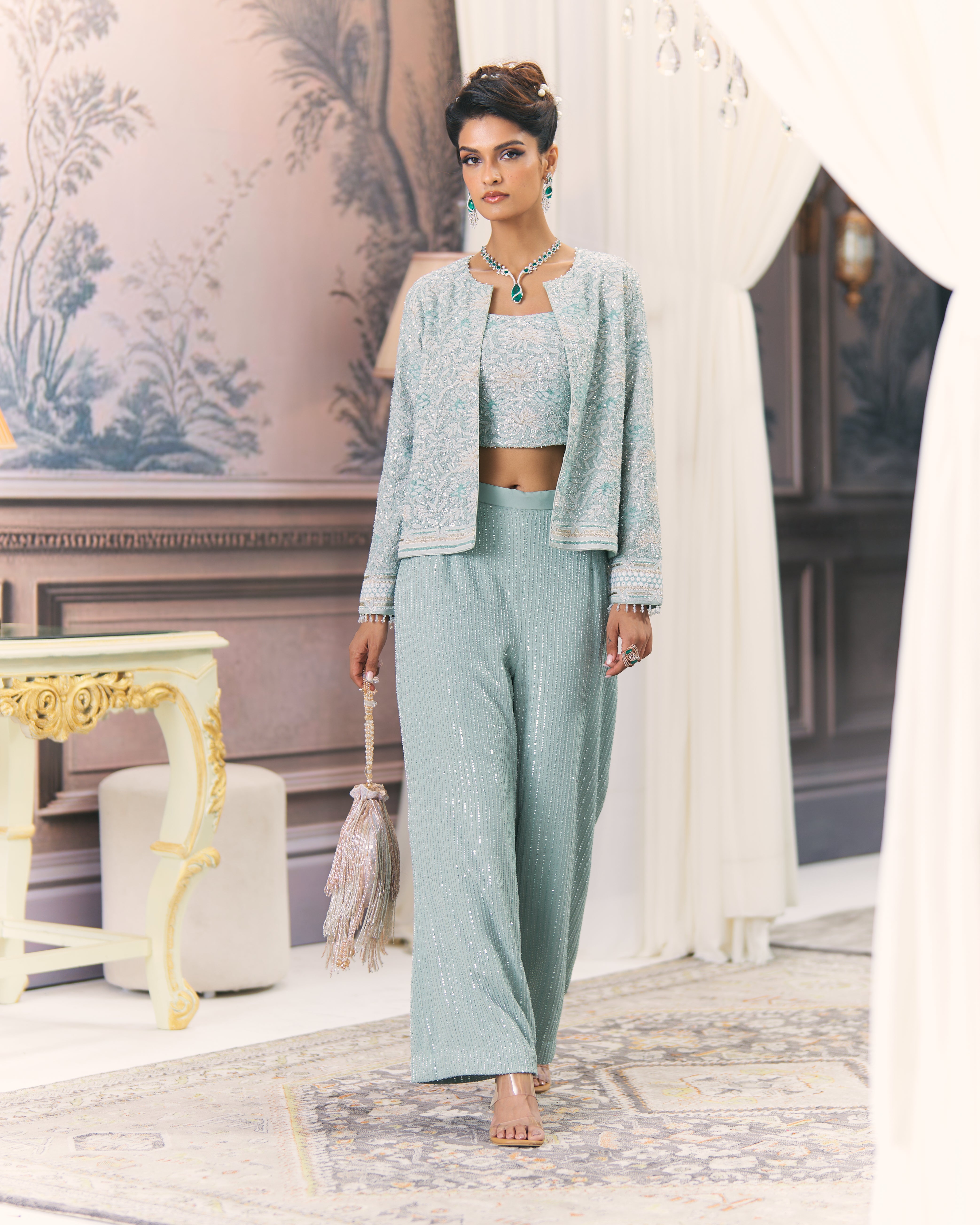 Emerald Chikankari Gilet set with embroidered bustier
