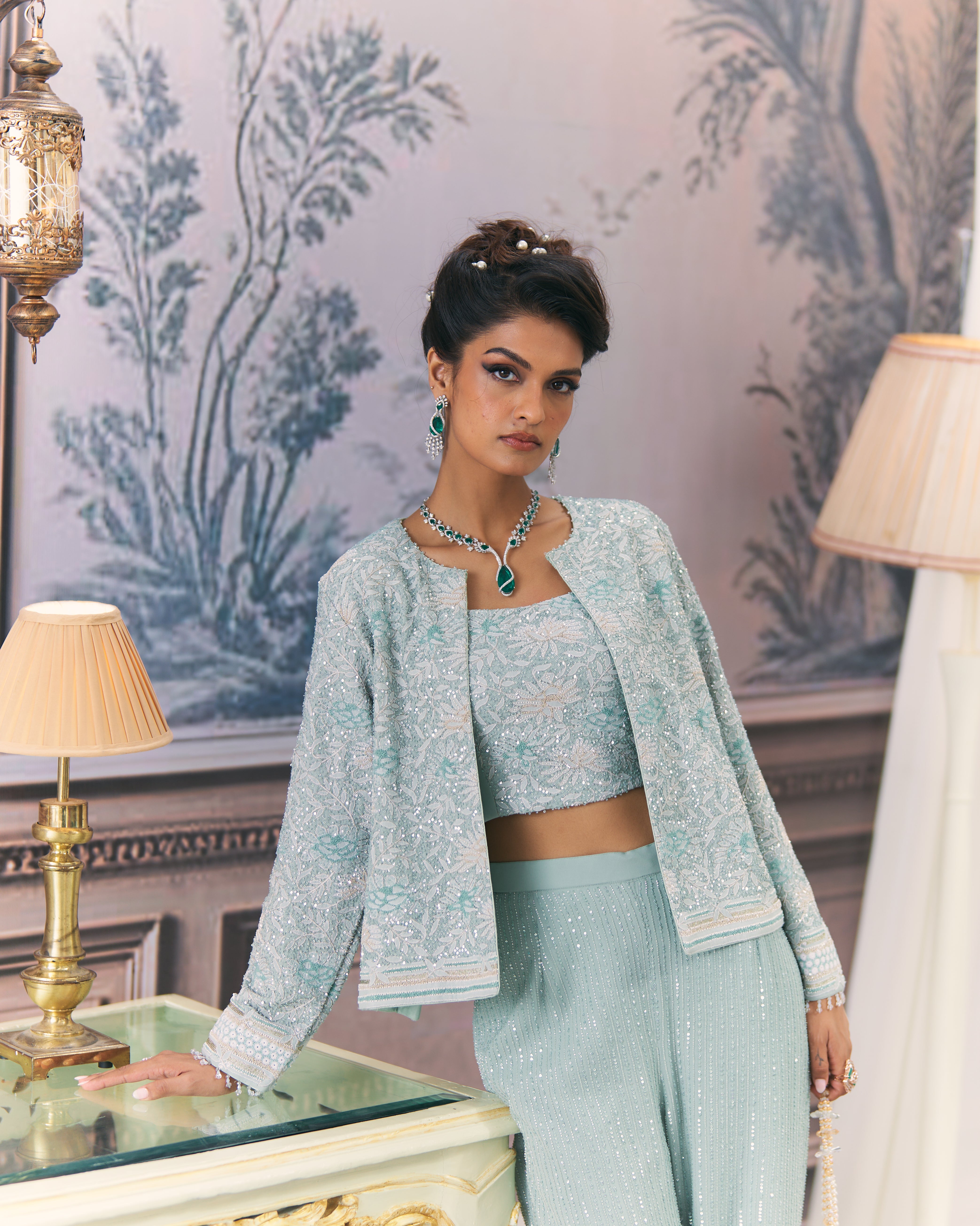 Emerald Chikankari Gilet set with embroidered bustier