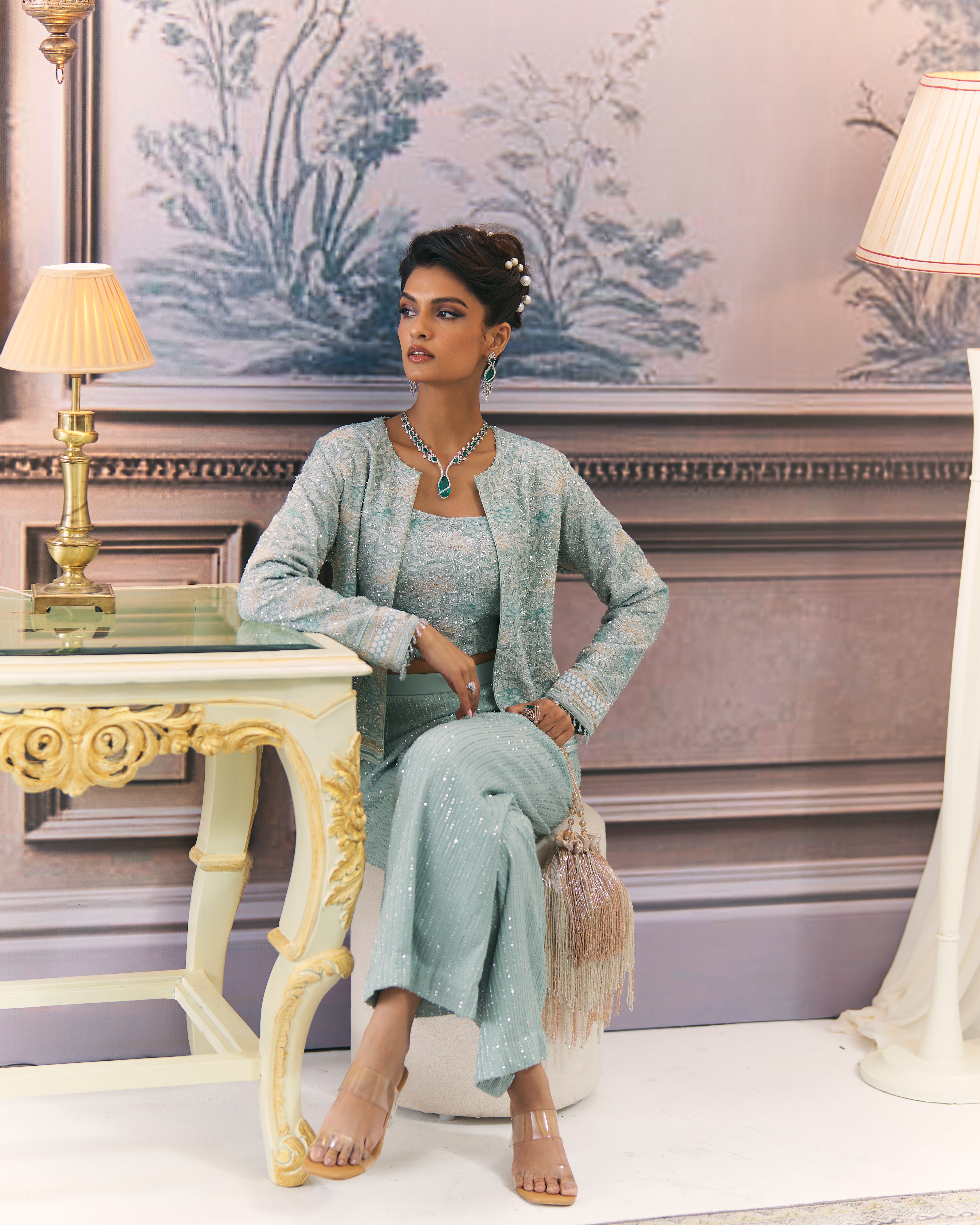 Emerald Chikankari Gilet set with embroidered bustier