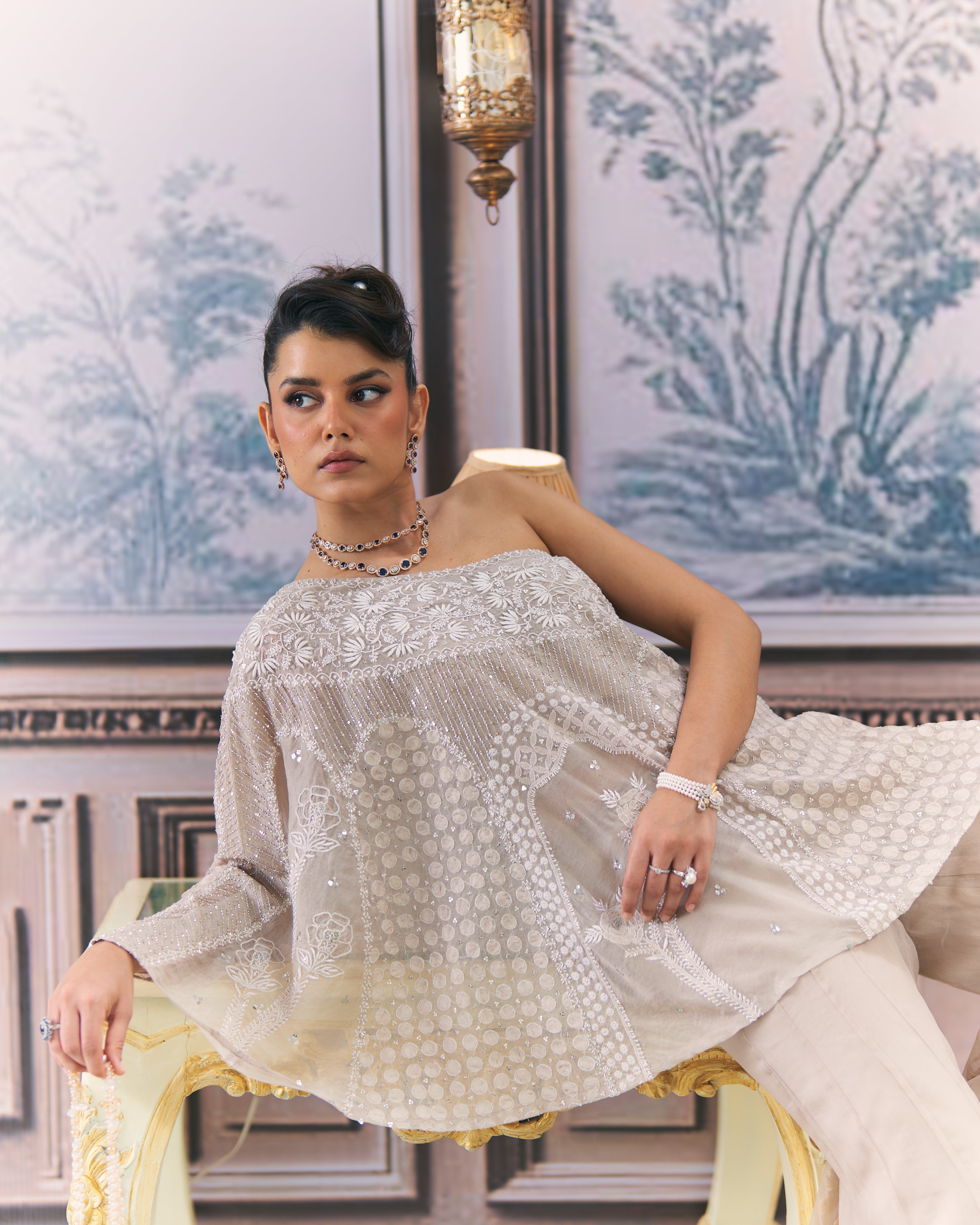 One-Shoulder Organza Chikankari Sharara Set