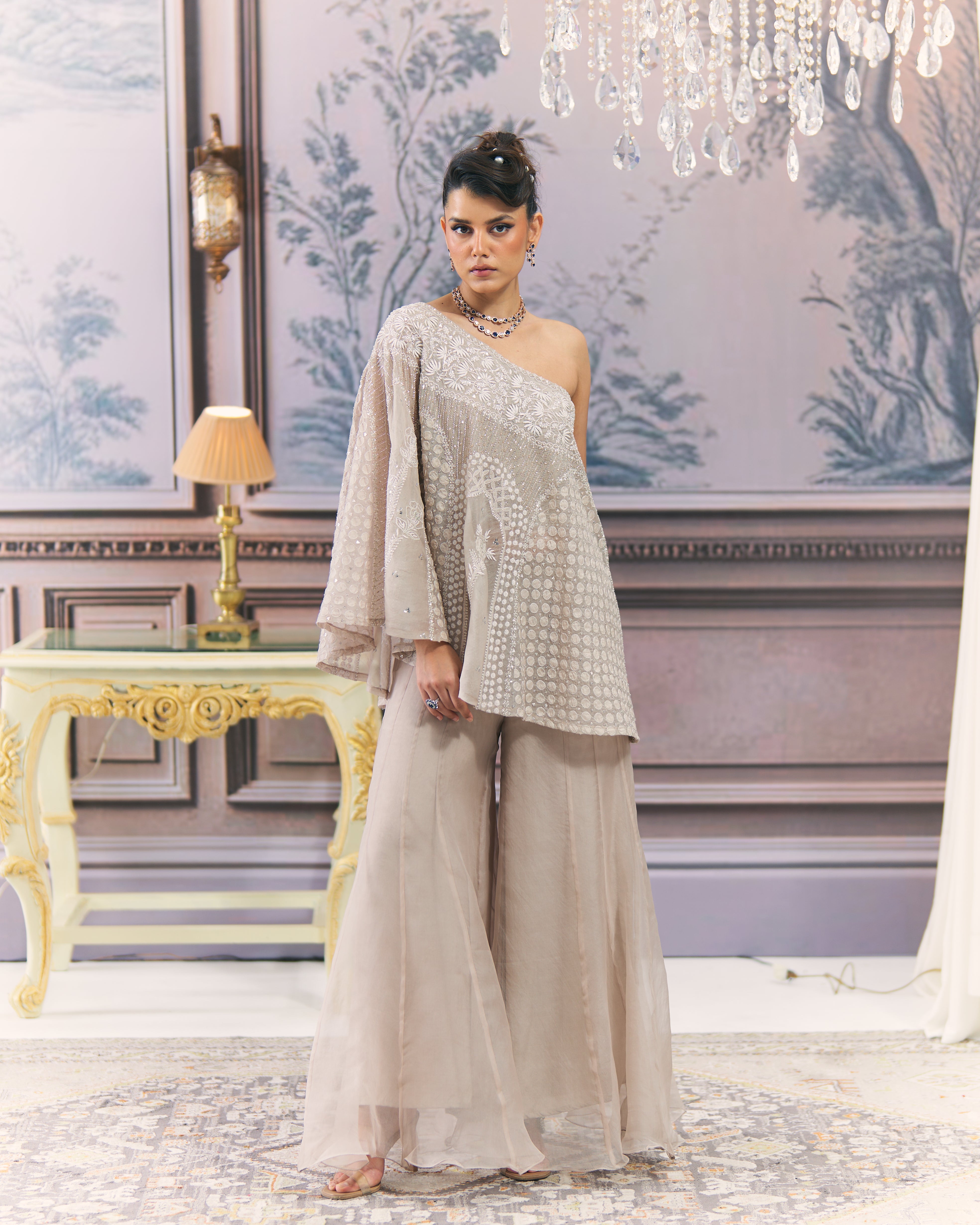 One-Shoulder Organza Chikankari Sharara Set