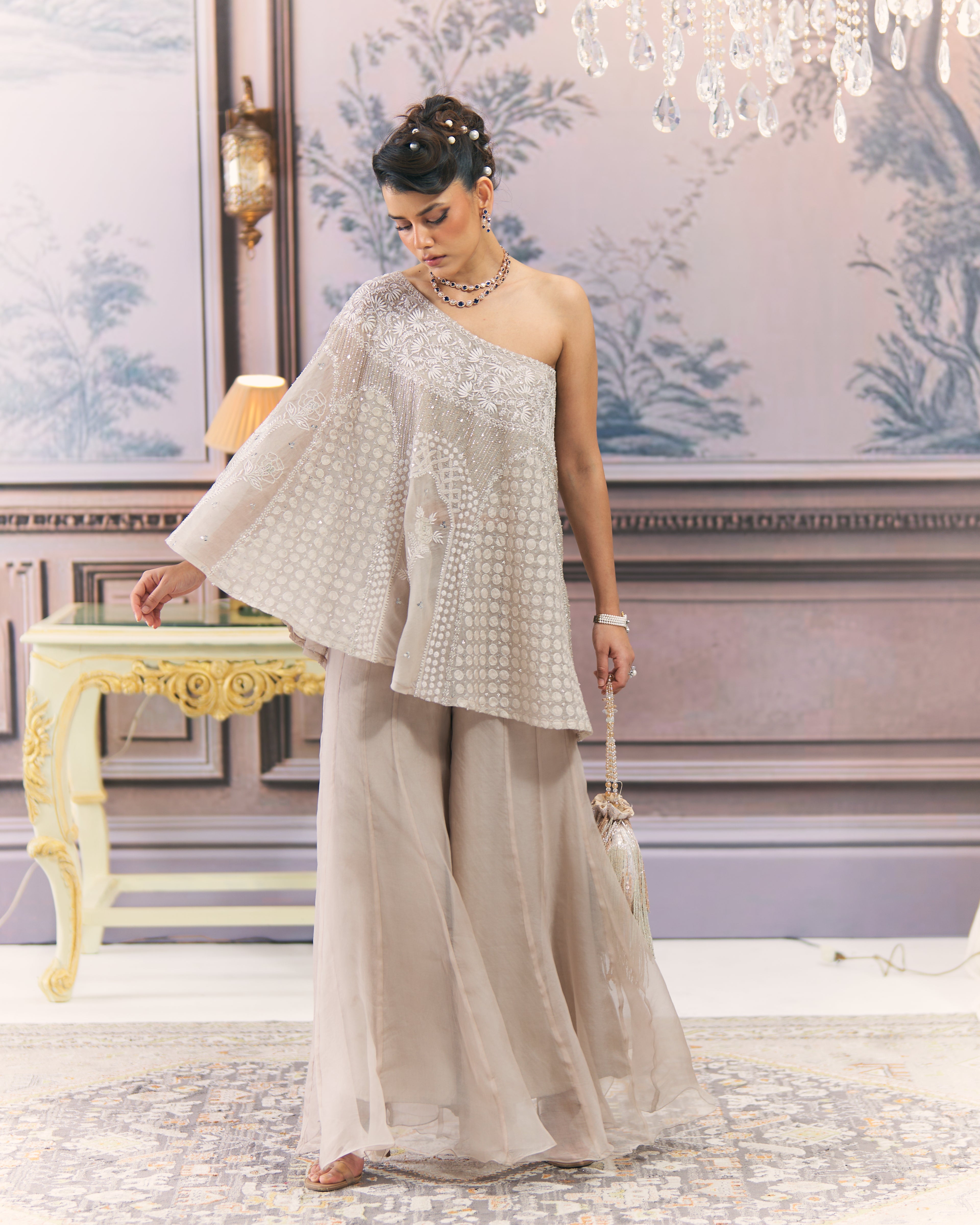 One-Shoulder Organza Chikankari Sharara Set