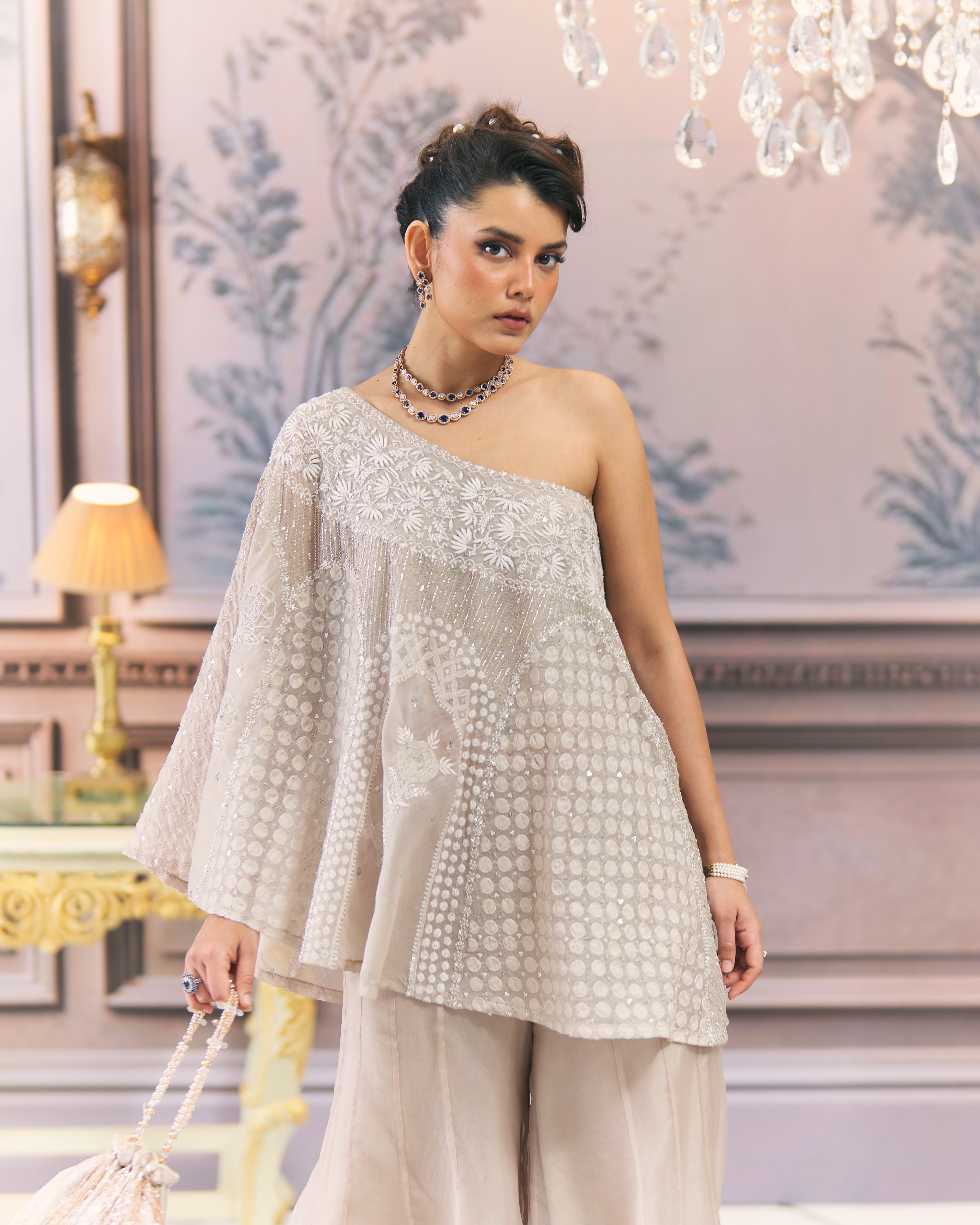 One-Shoulder Organza Chikankari Sharara Set