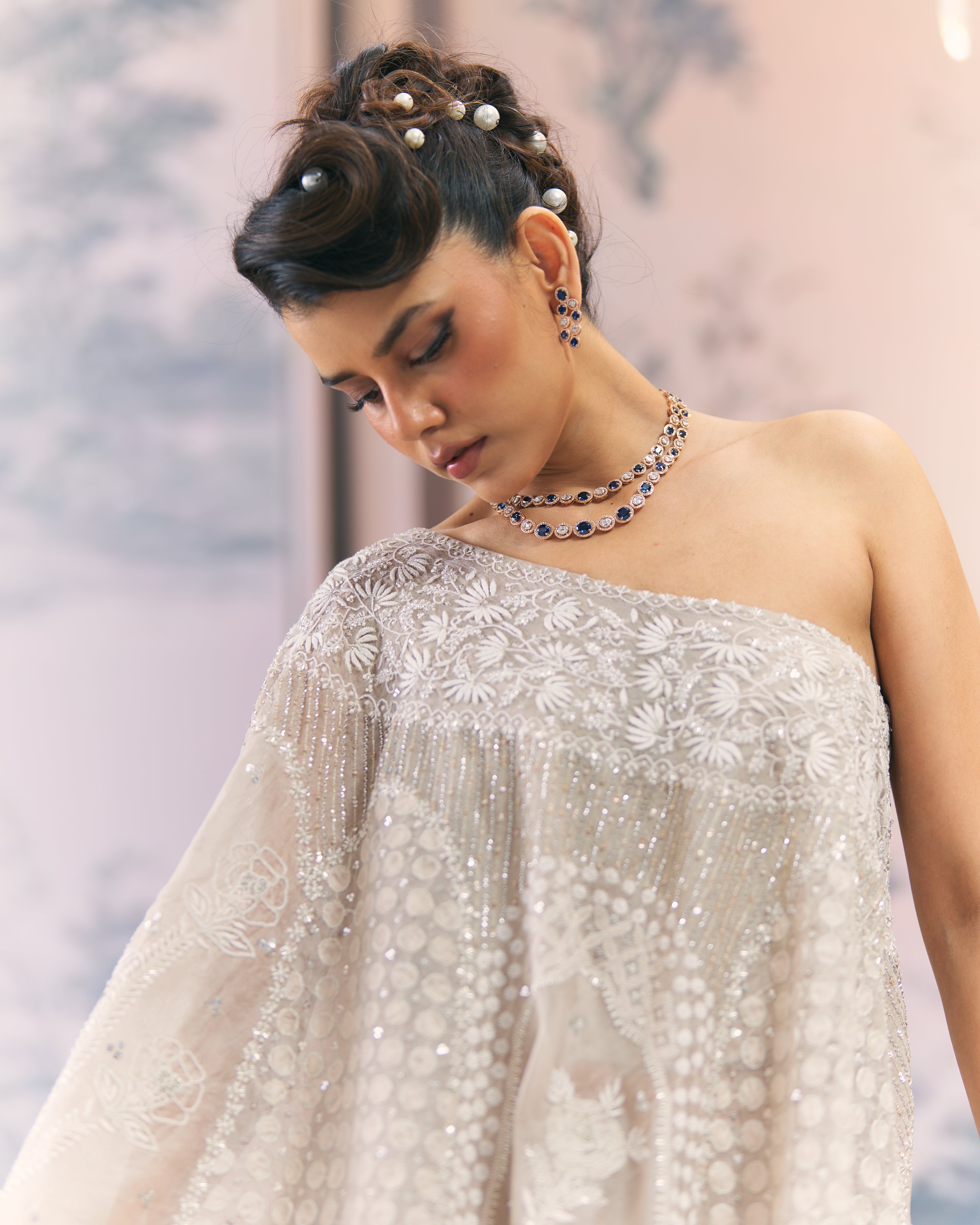 One-Shoulder Organza Chikankari Sharara Set