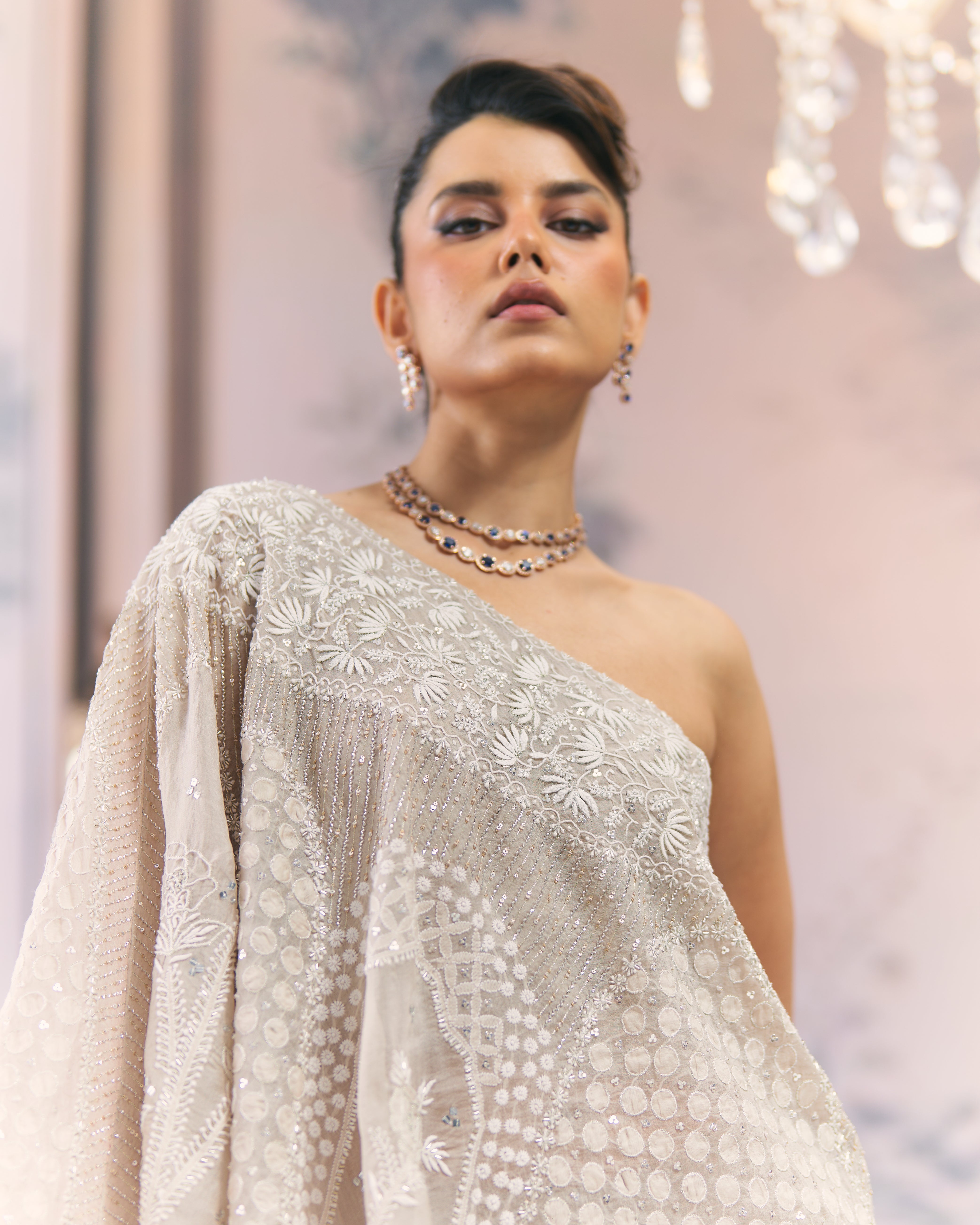 One-Shoulder Organza Chikankari Sharara Set
