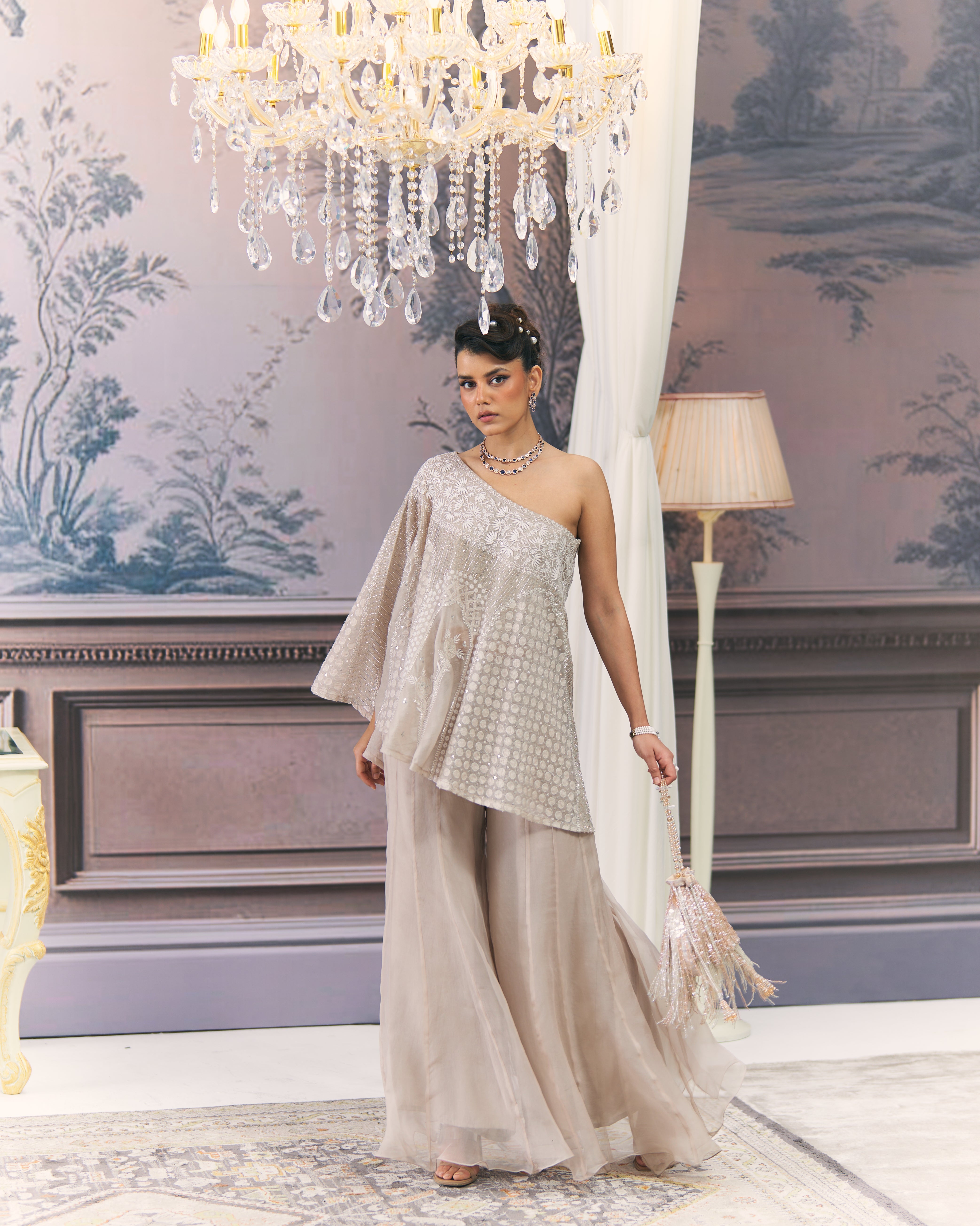 One-Shoulder Organza Chikankari Sharara Set