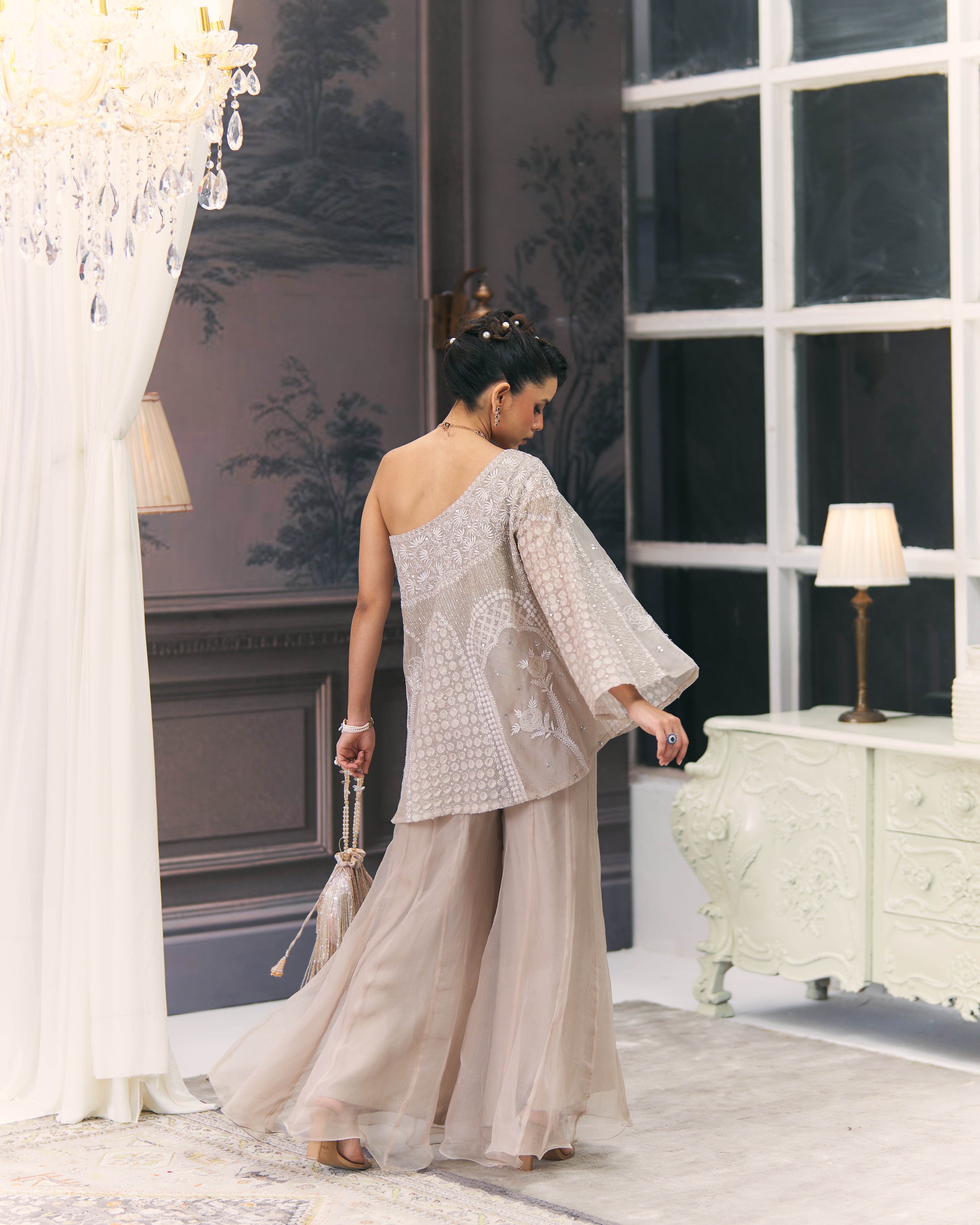 One-Shoulder Organza Chikankari Sharara Set