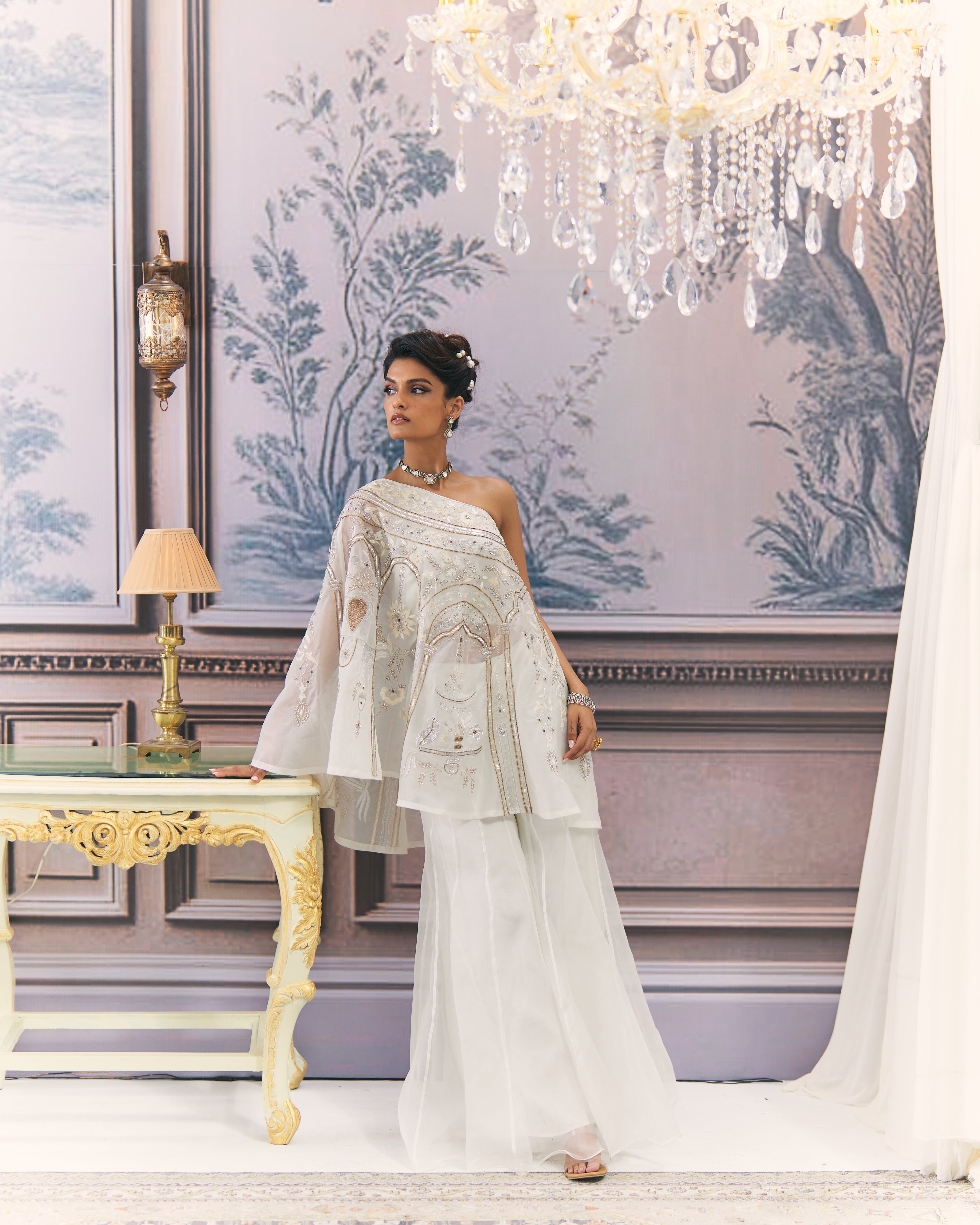 One-Shoulder Gold and White Chikankari Sharara Set