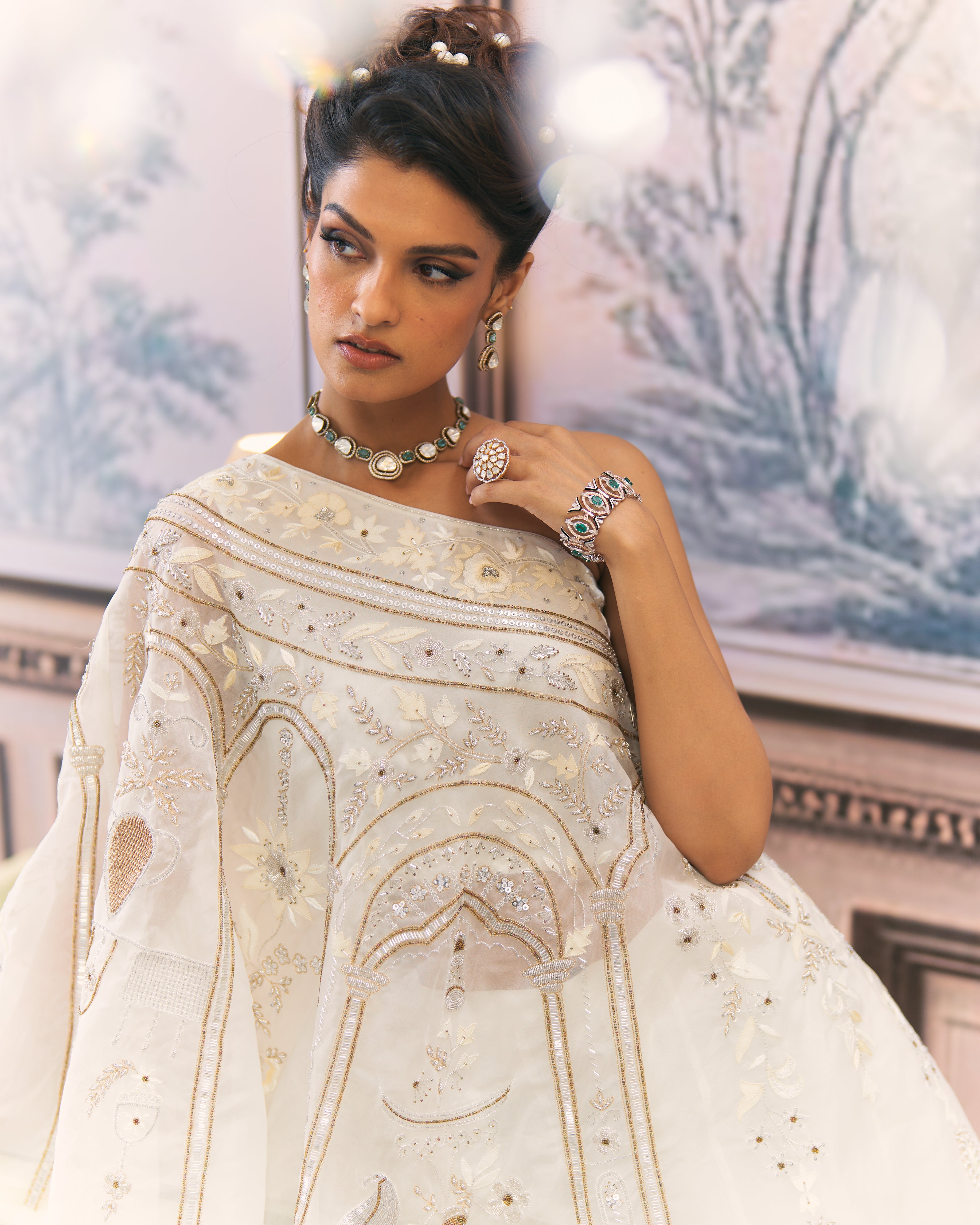 One-Shoulder Gold and White Chikankari Sharara Set