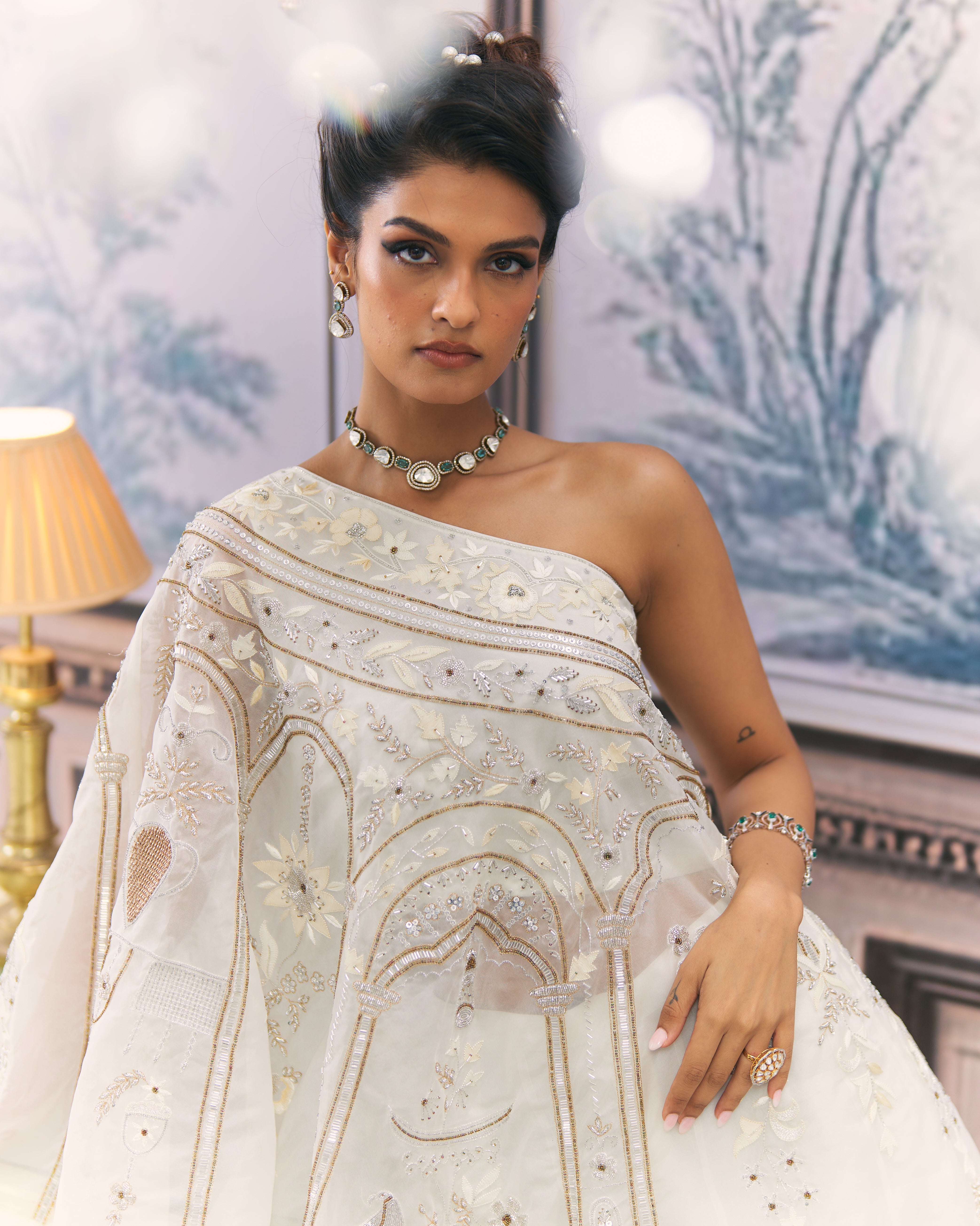 One-Shoulder Gold and White Chikankari Sharara Set