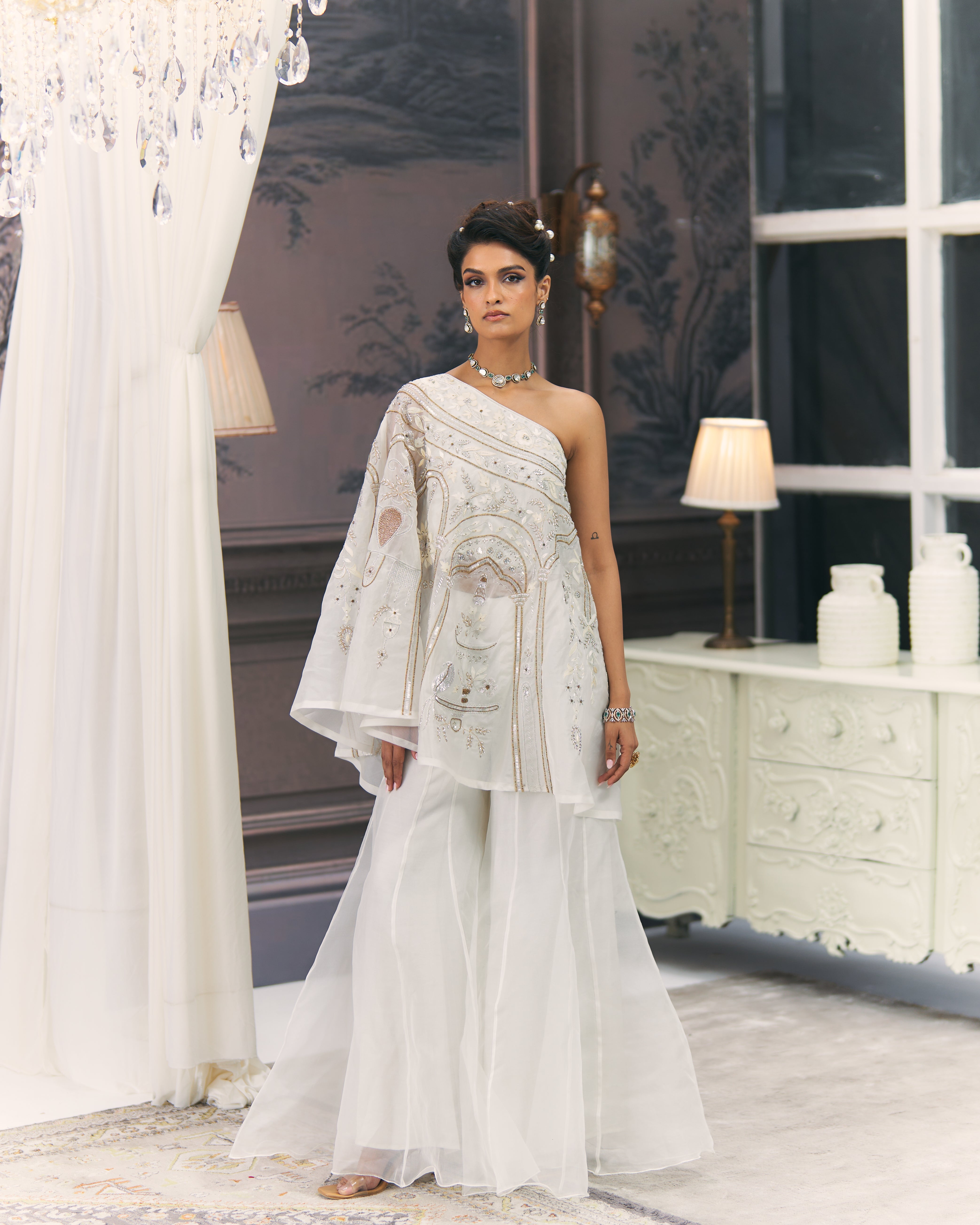 One-Shoulder Gold and White Chikankari Sharara Set
