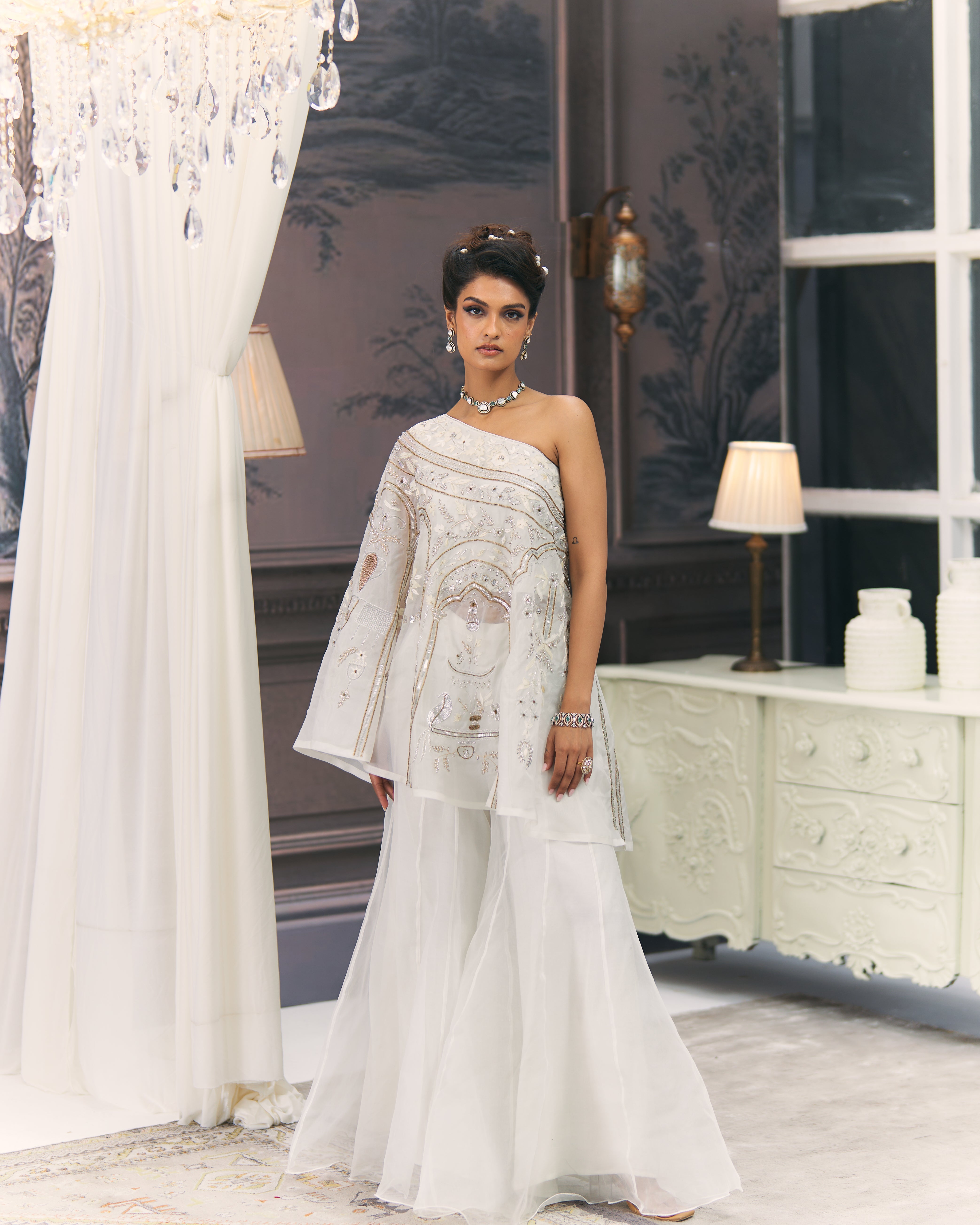 One-Shoulder Gold and White Chikankari Sharara Set