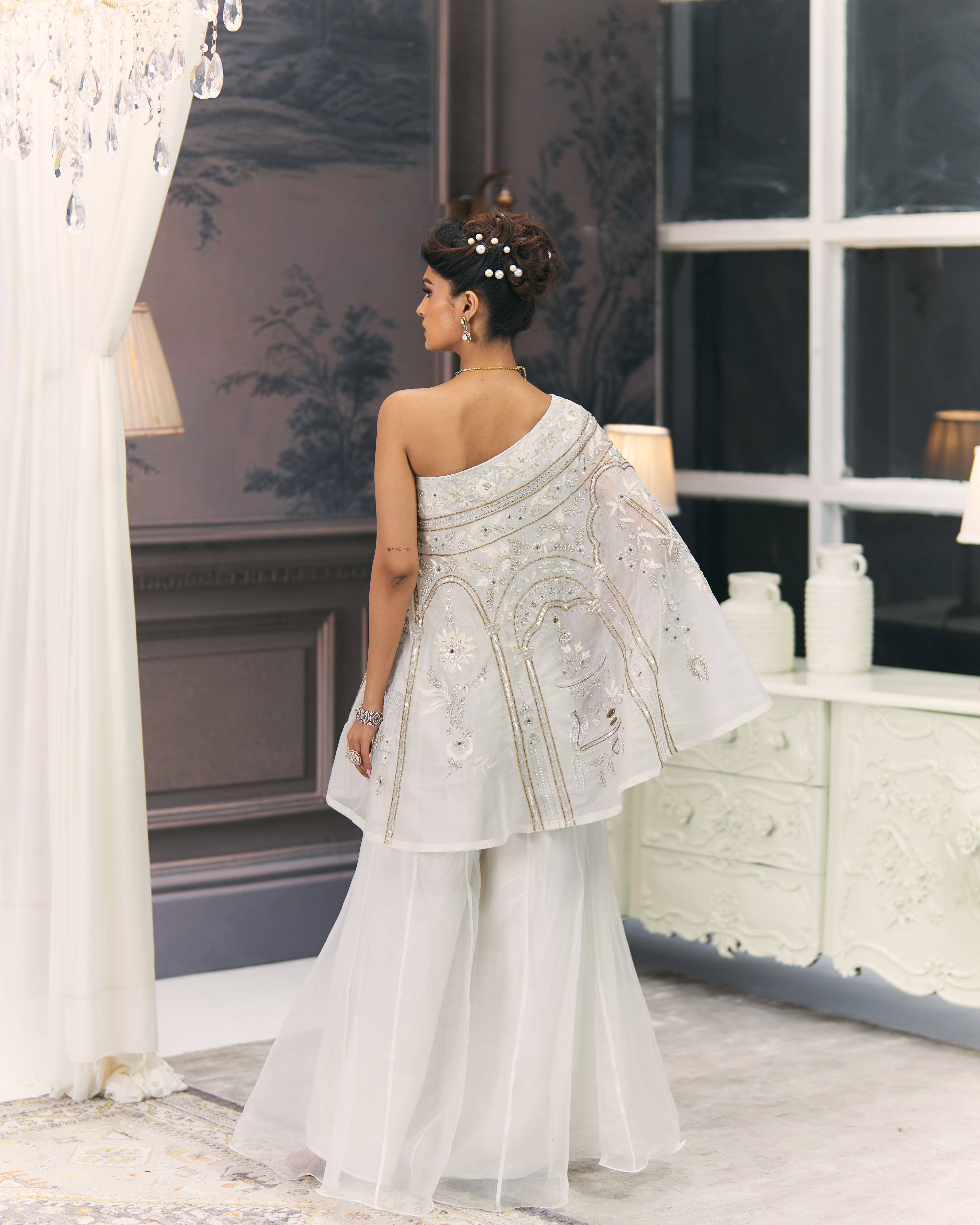 One-Shoulder Gold and White Chikankari Sharara Set