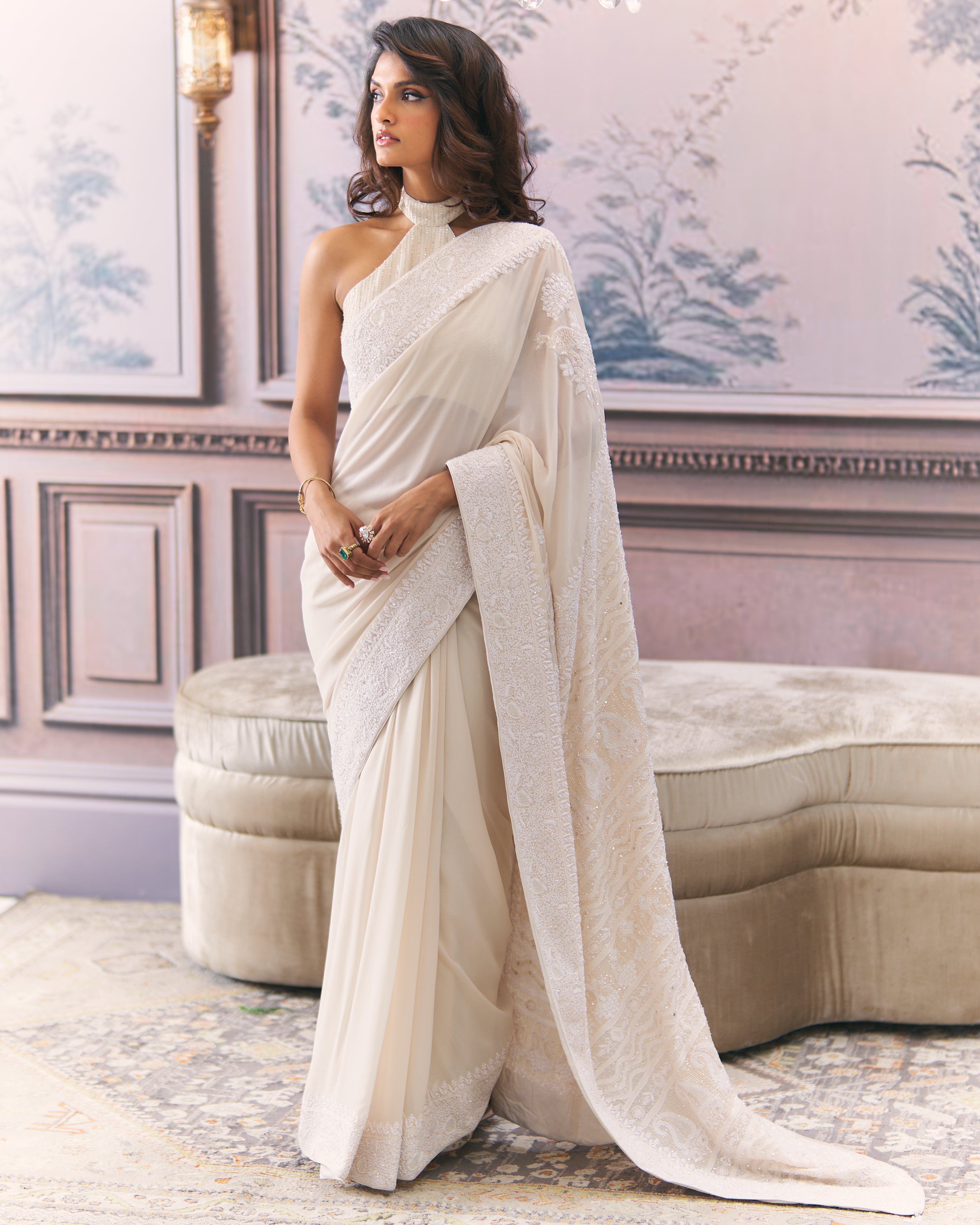 Classic Ivory Hand Embroidered Chikankari Saree