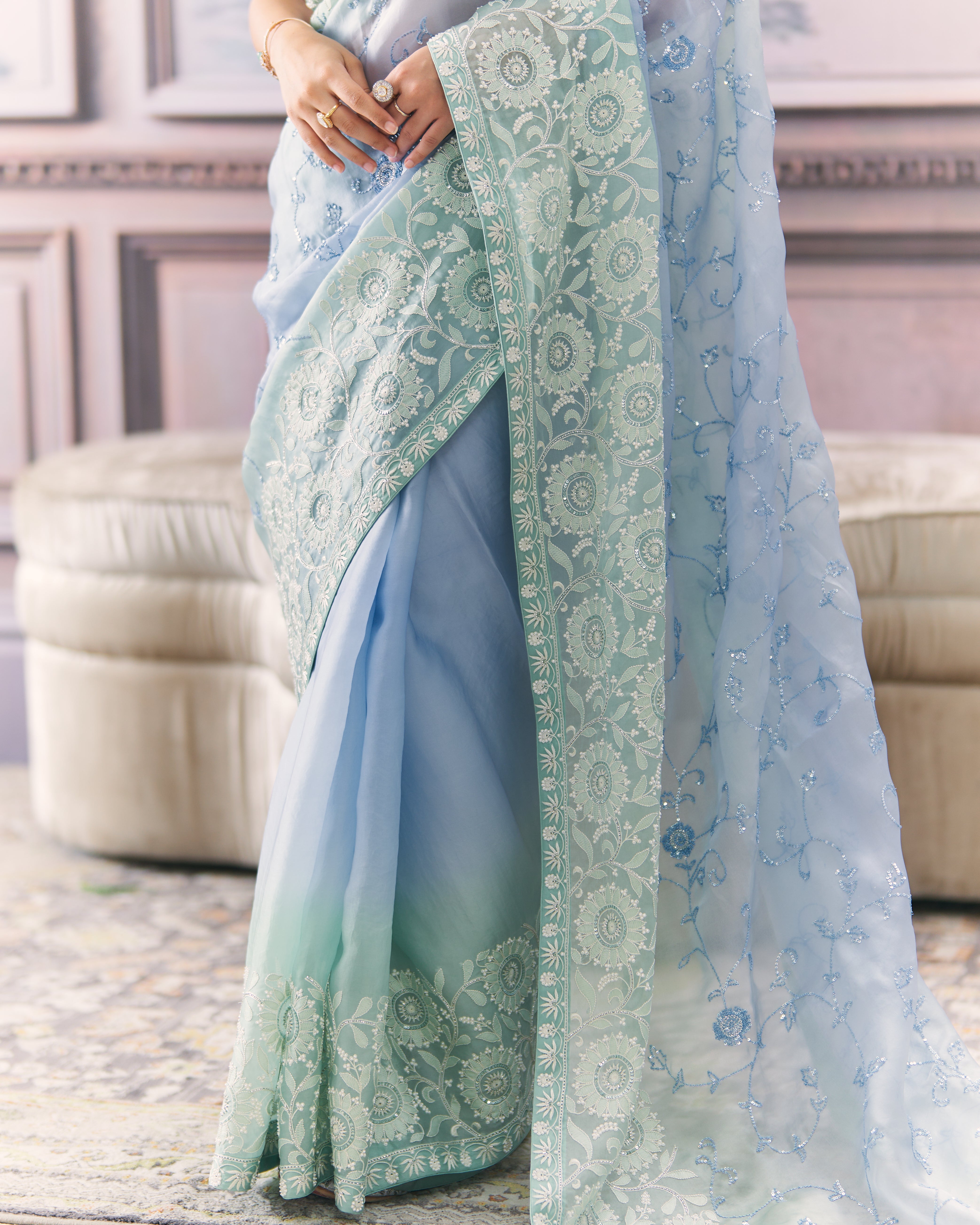 Aqua Organza Chikankari Saree