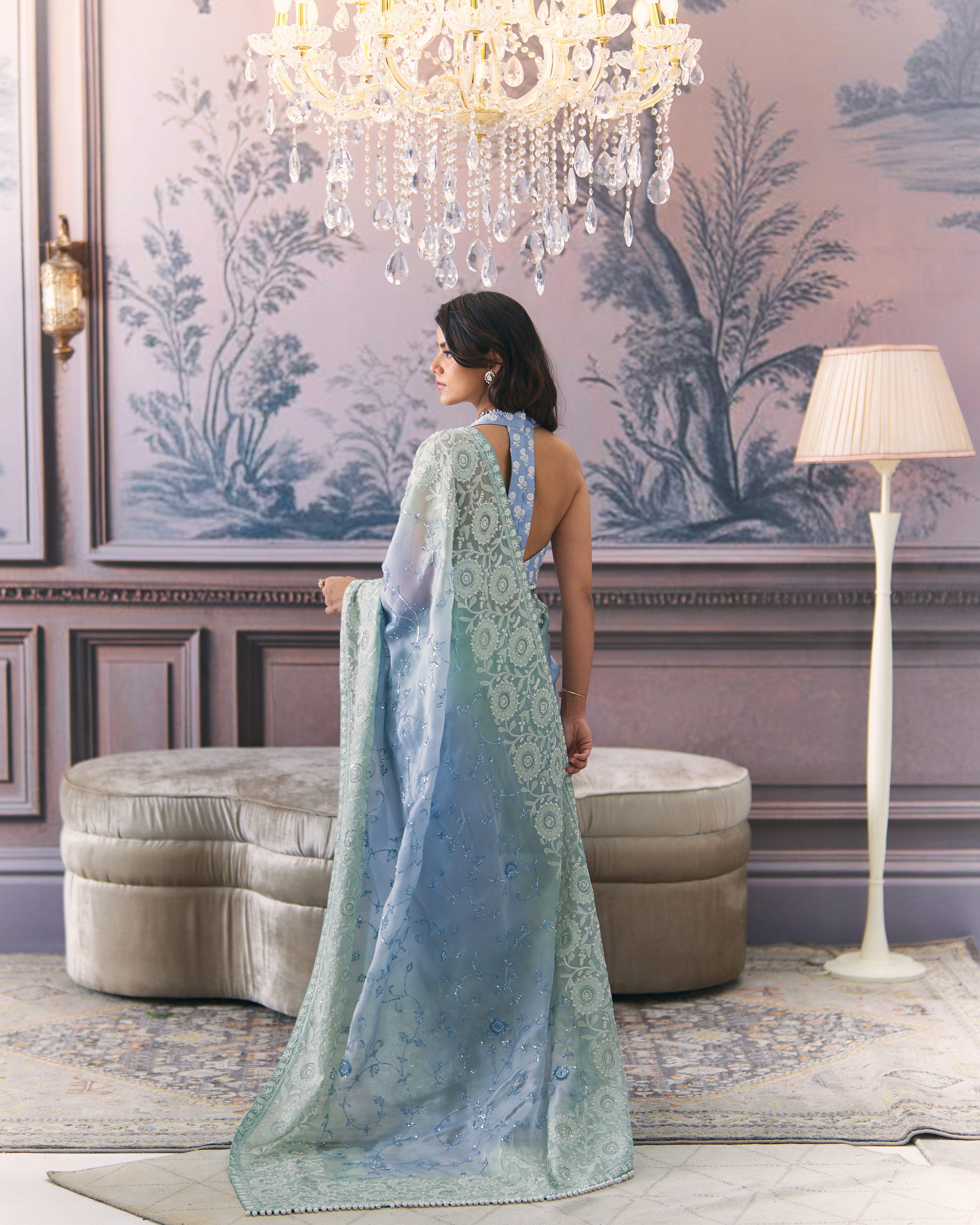 Aqua Organza Chikankari Saree