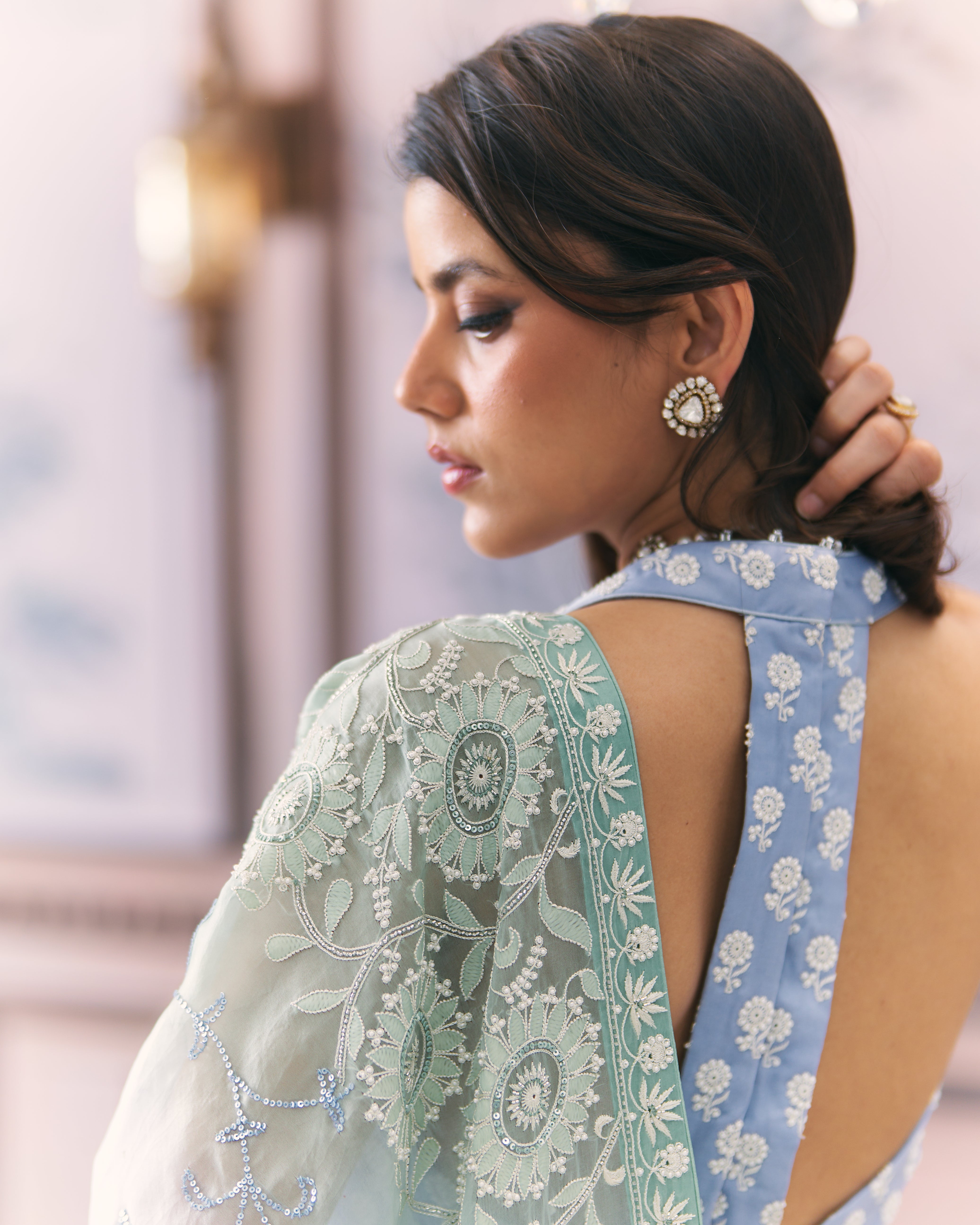 Aqua Organza Chikankari Saree