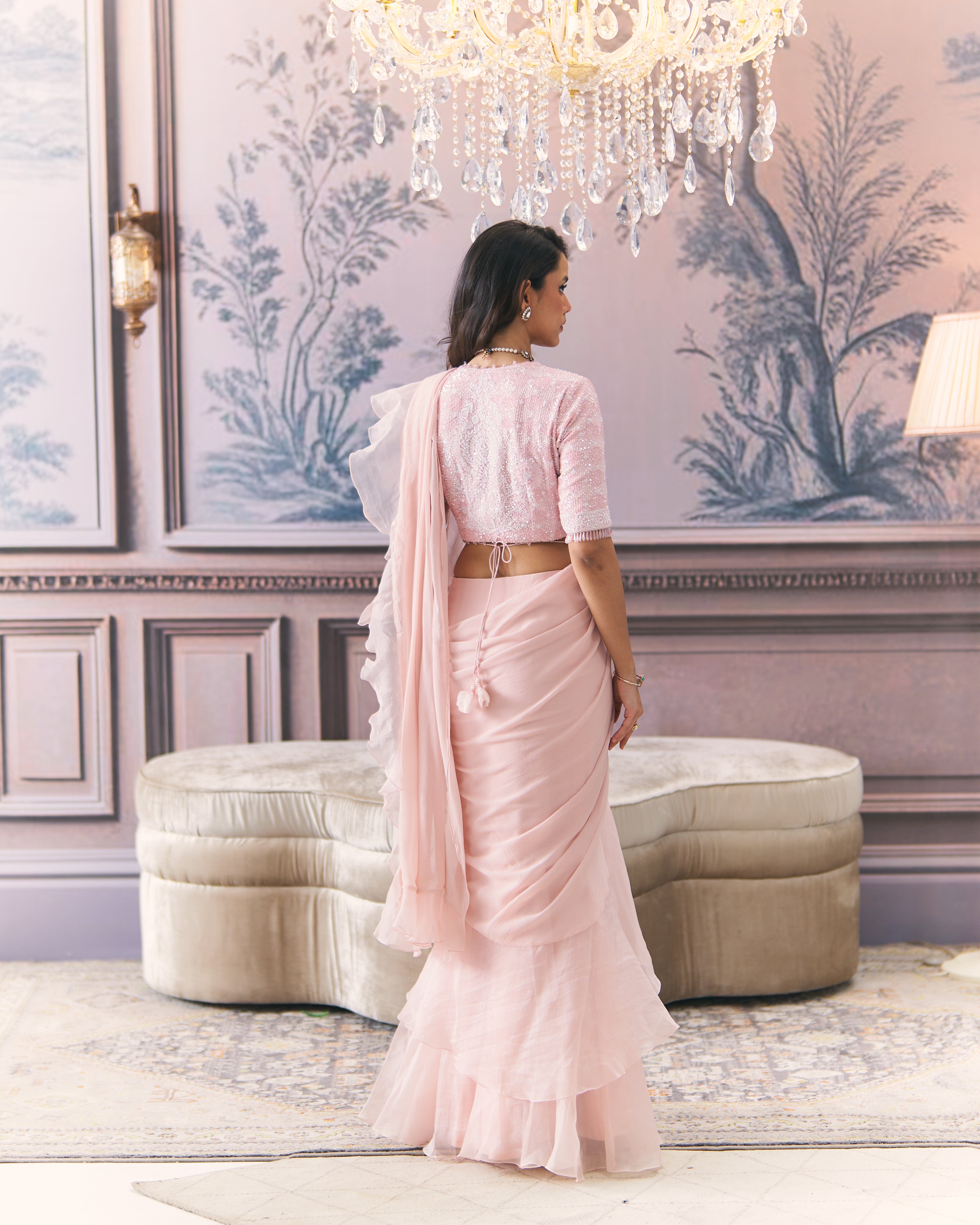 Draped Ruffle Saree with Chikankari Blouse