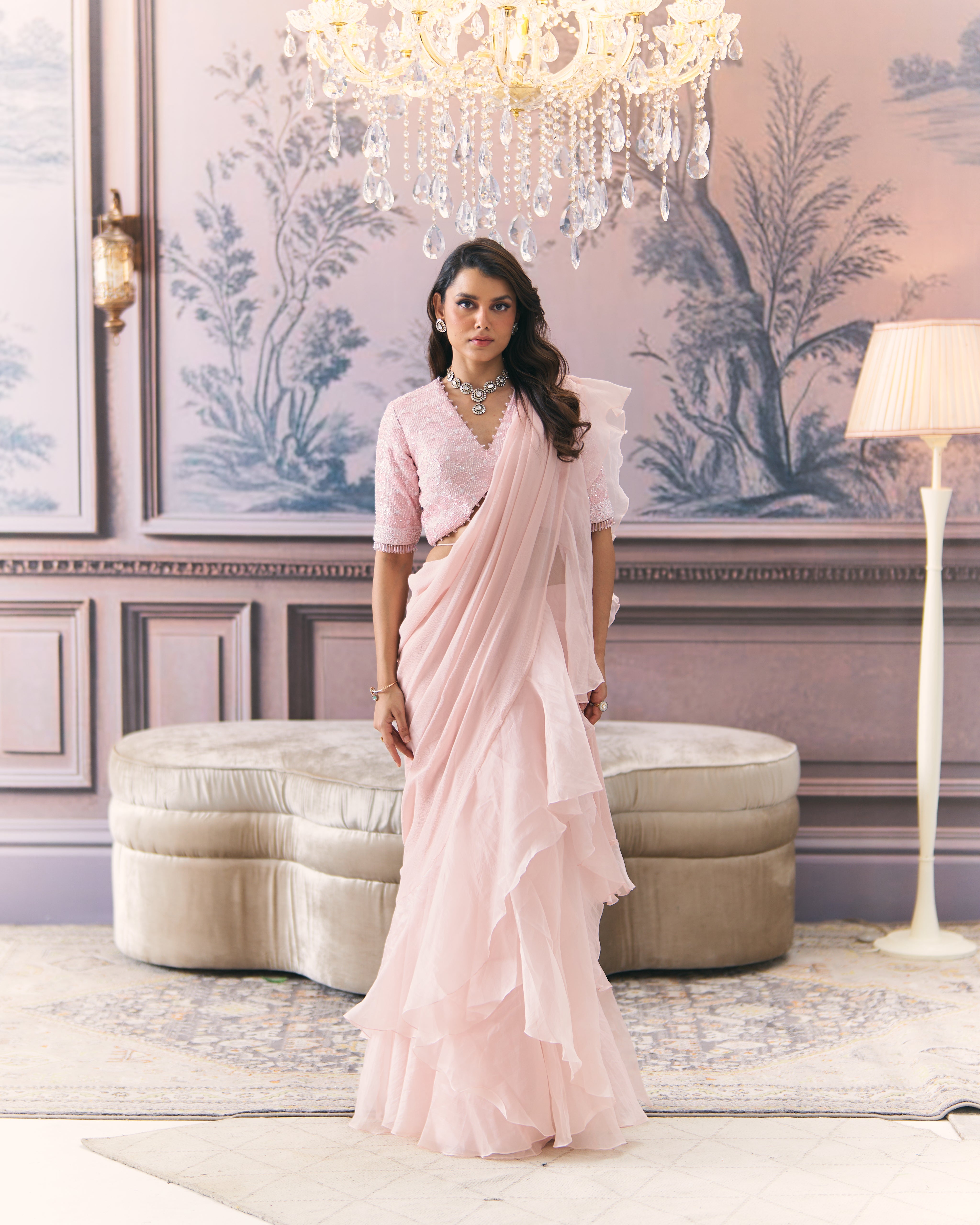 Draped Ruffle Saree with Chikankari Blouse