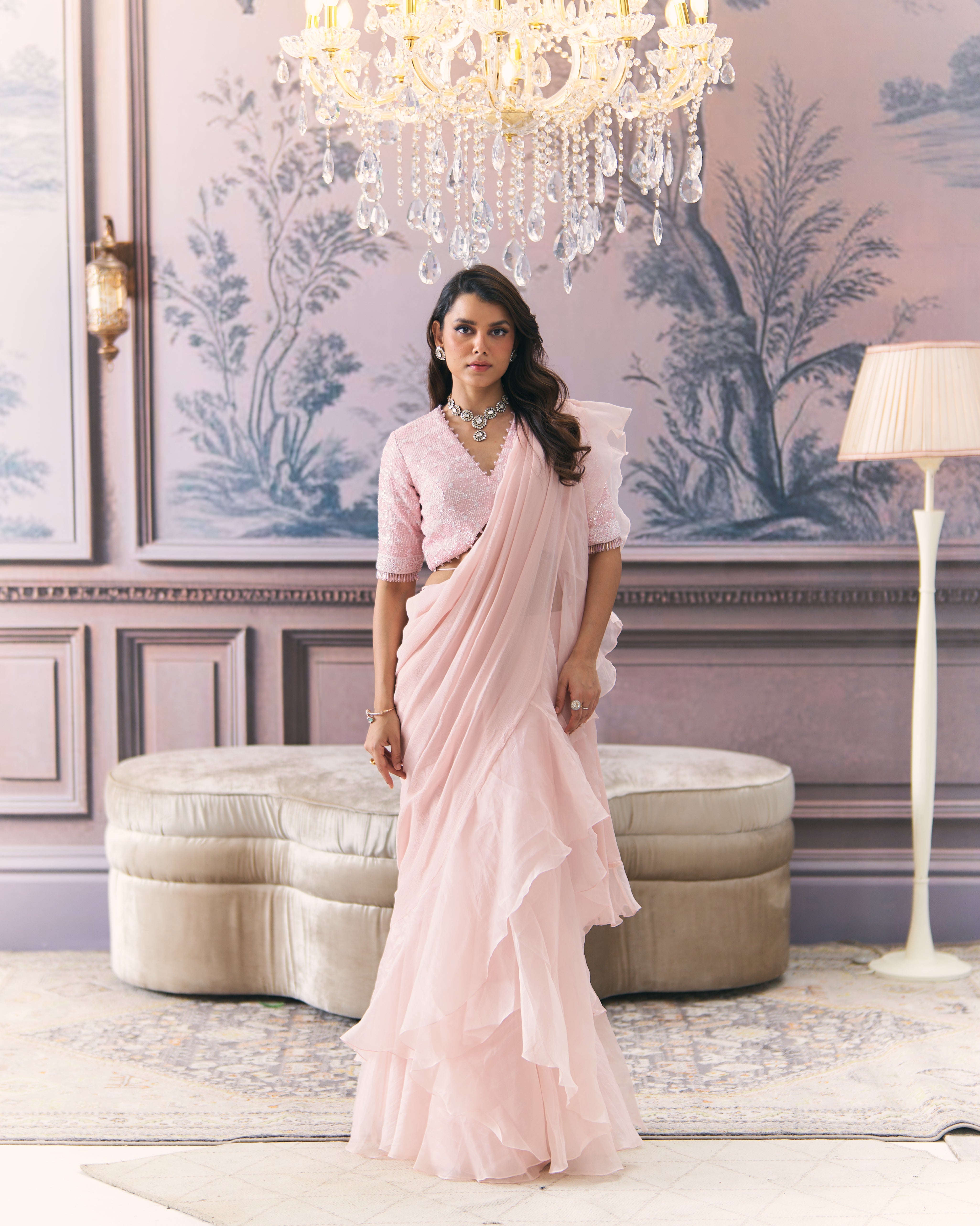 Draped Ruffle Saree with Chikankari Blouse