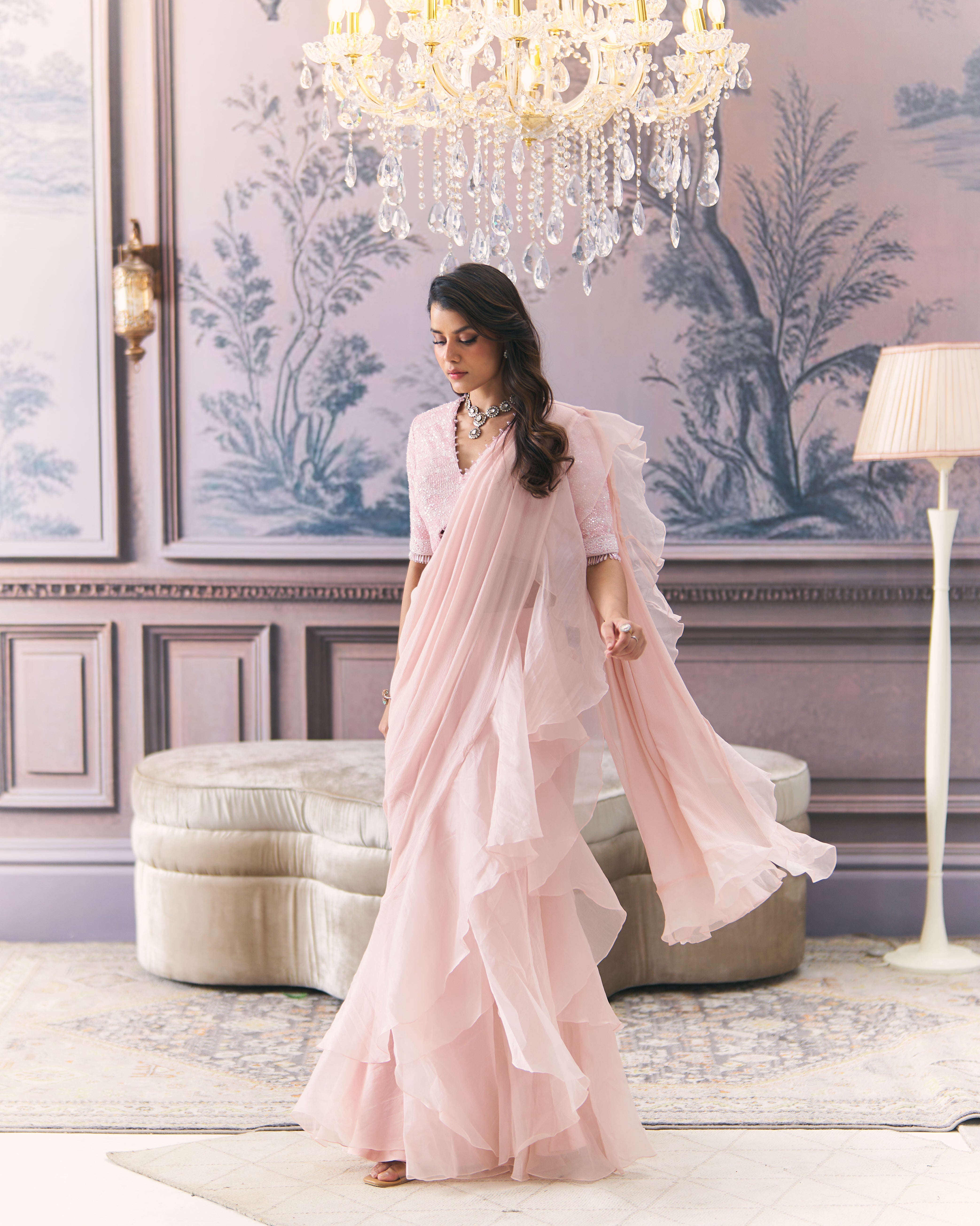 Draped Ruffle Saree with Chikankari Blouse