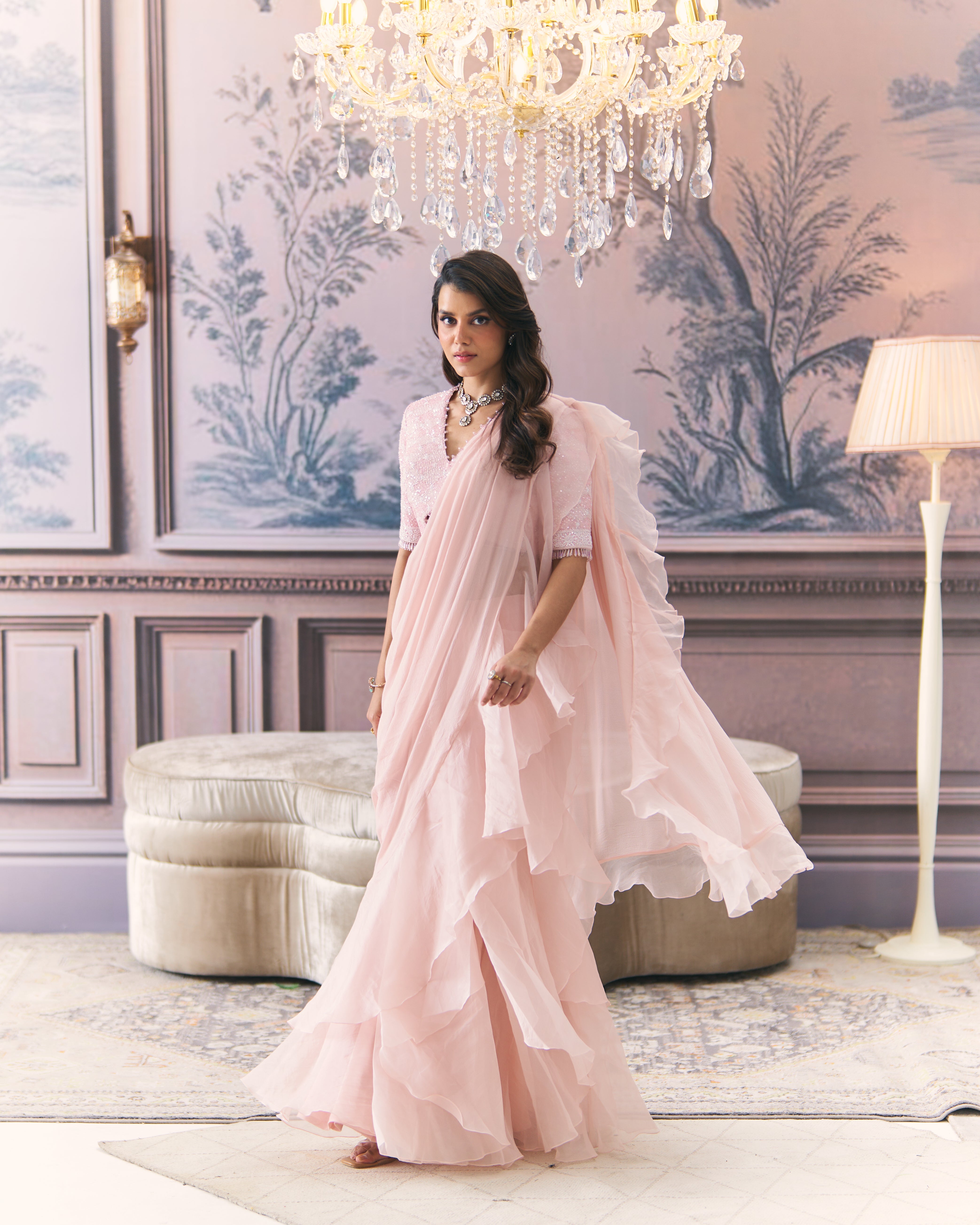 Draped Ruffle Saree with Chikankari Blouse
