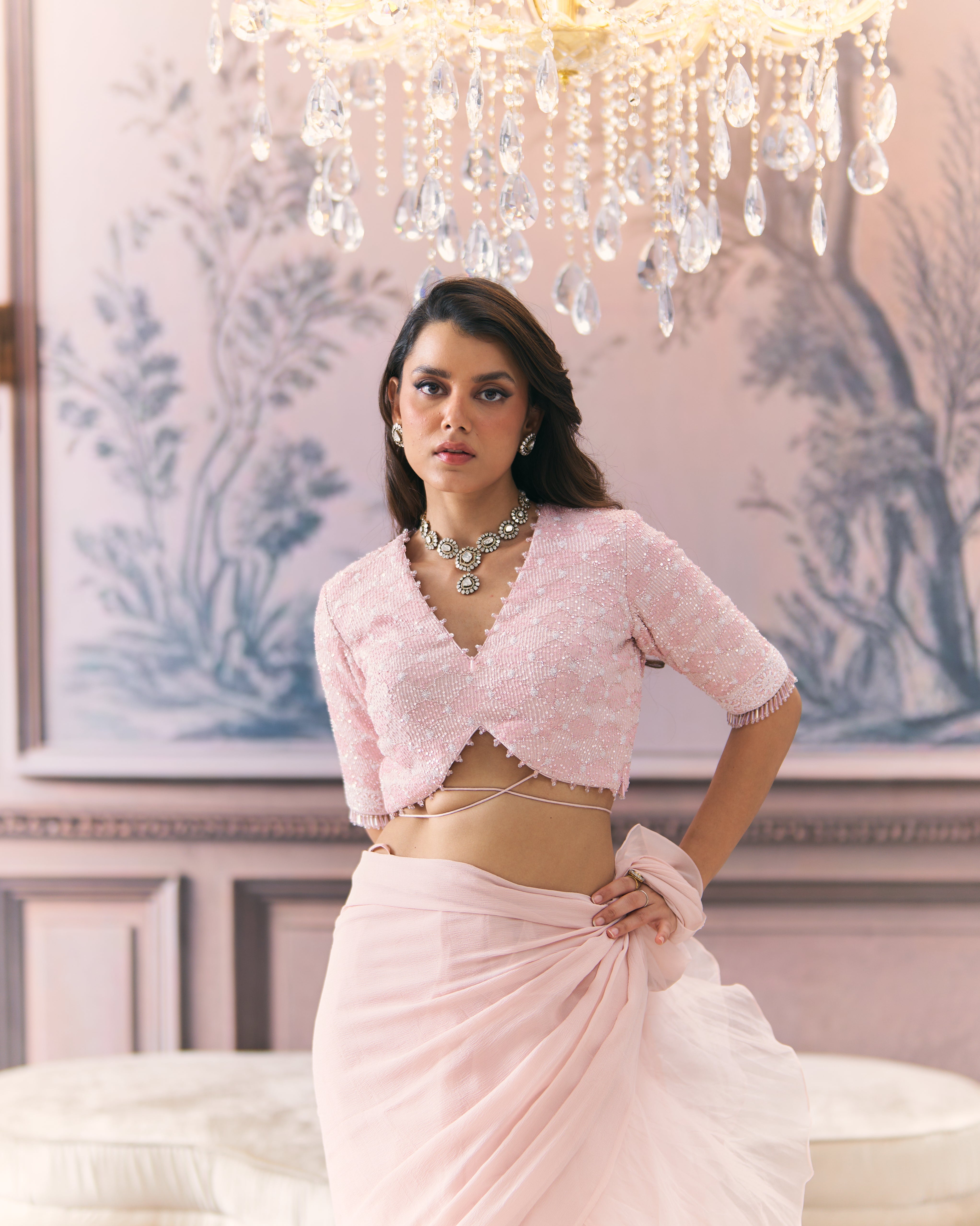Draped Ruffle Saree with Chikankari Blouse