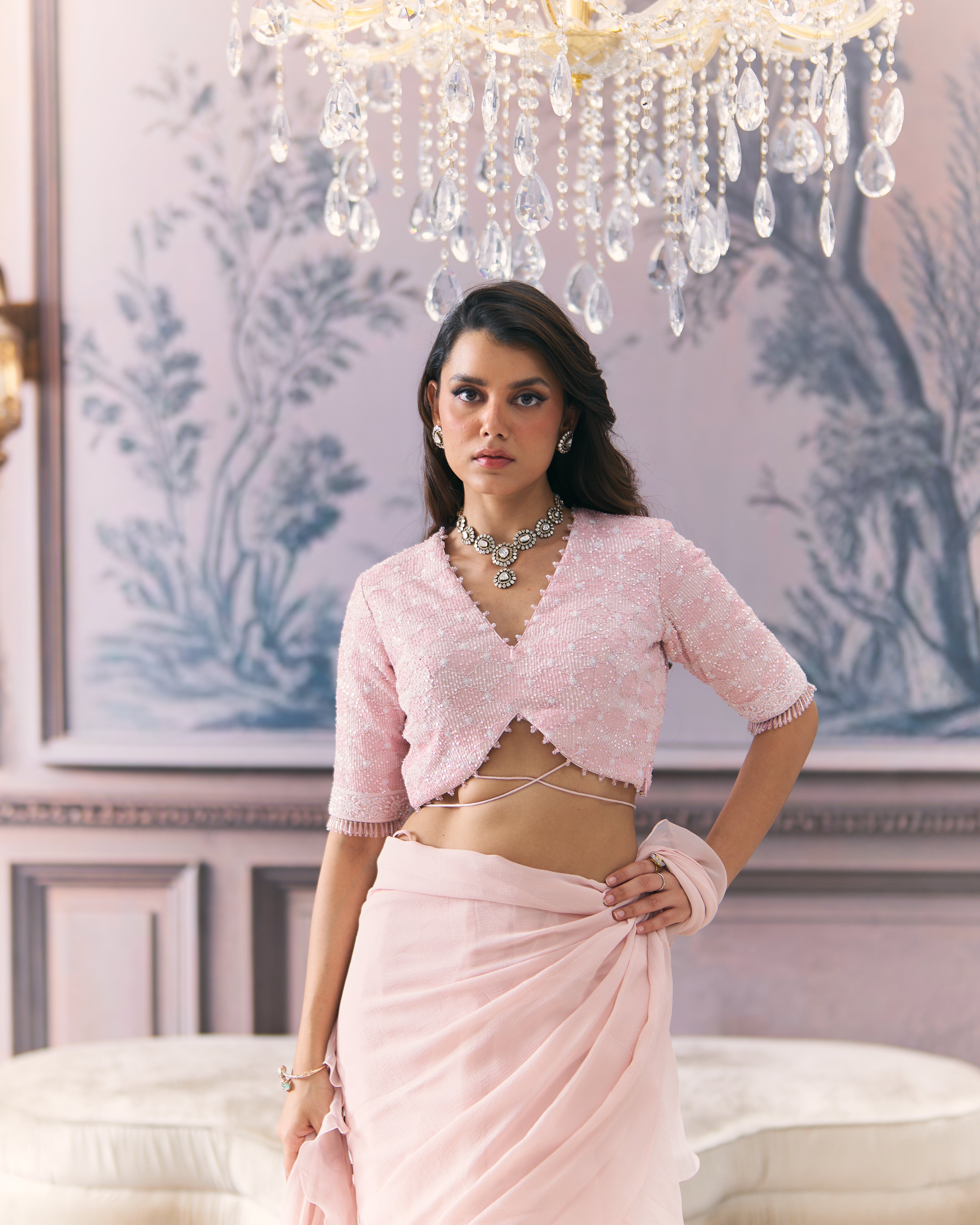 Draped Ruffle Saree with Chikankari Blouse