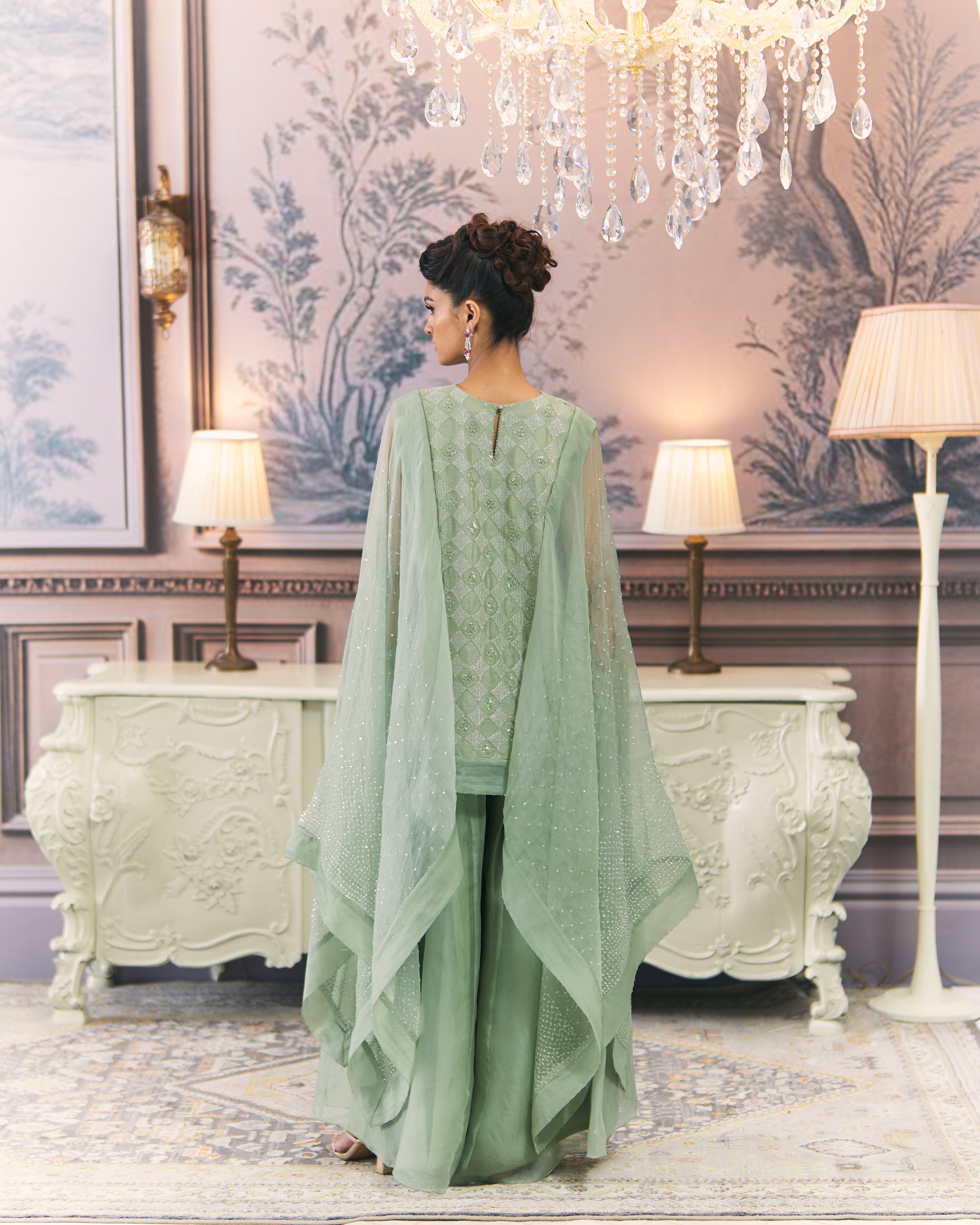 Chikankari Drape Top and Organza Sharara Set