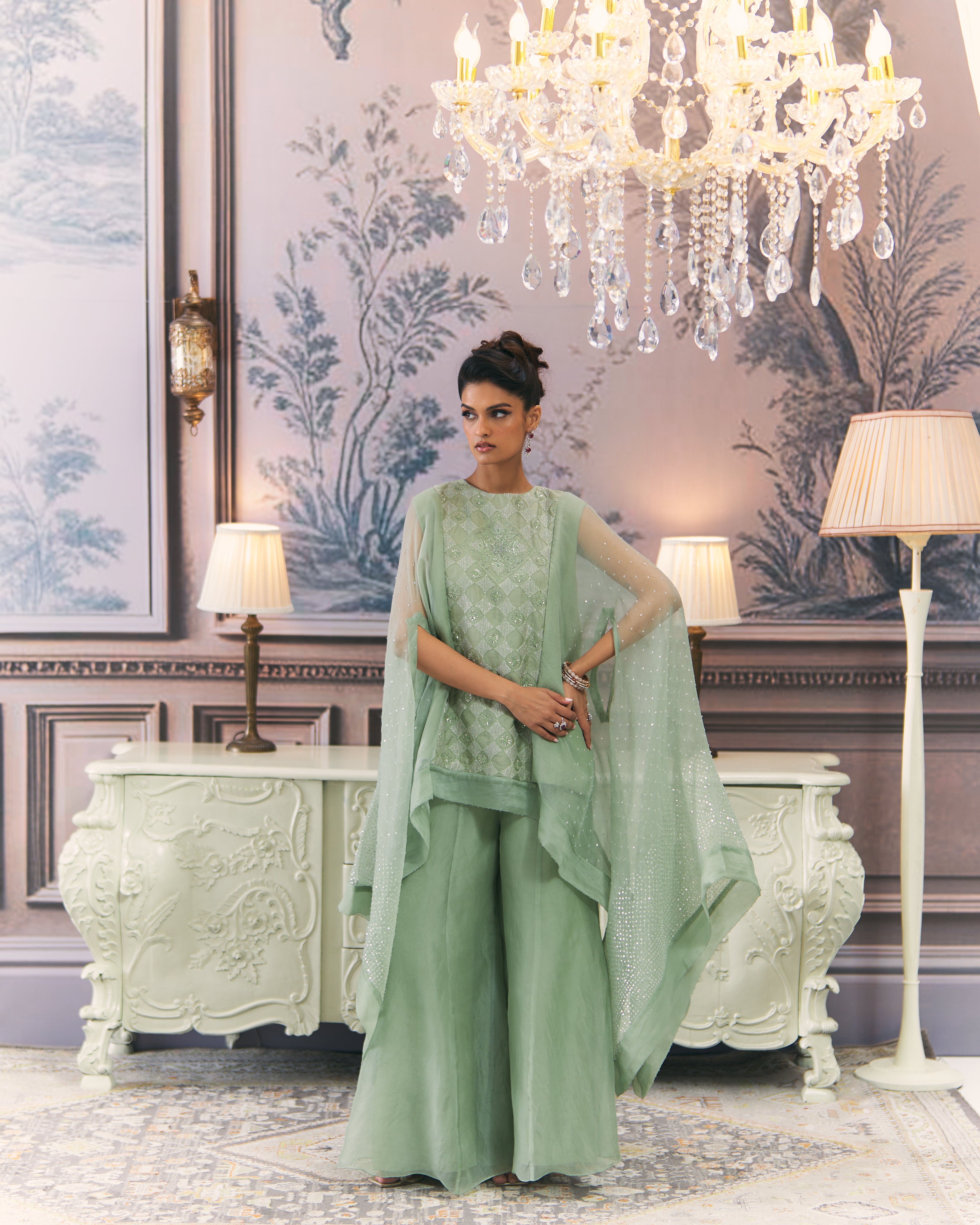 Chikankari Drape Top and Organza Sharara Set